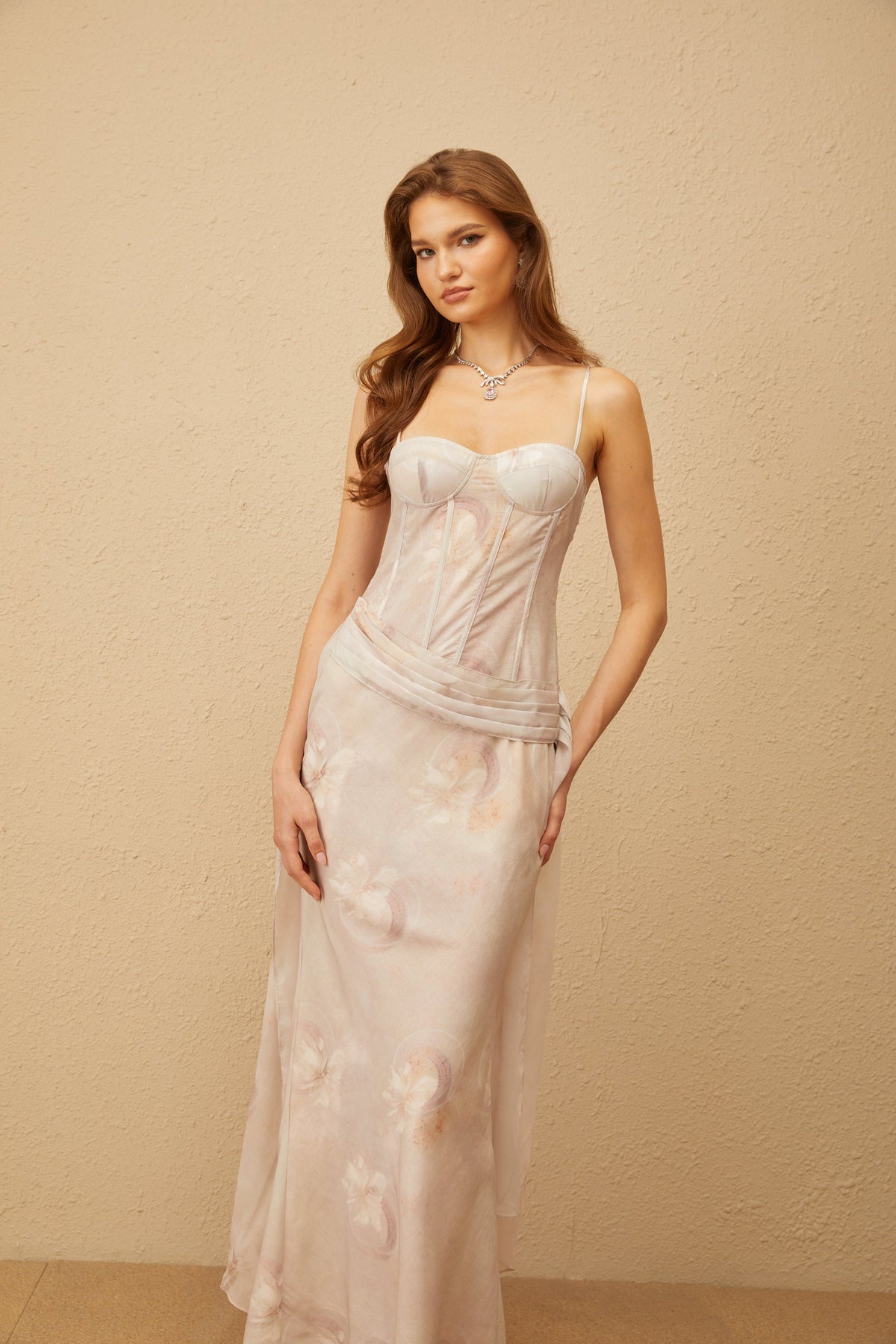 Emeline Grey Floral Print Corset Maxi Dress