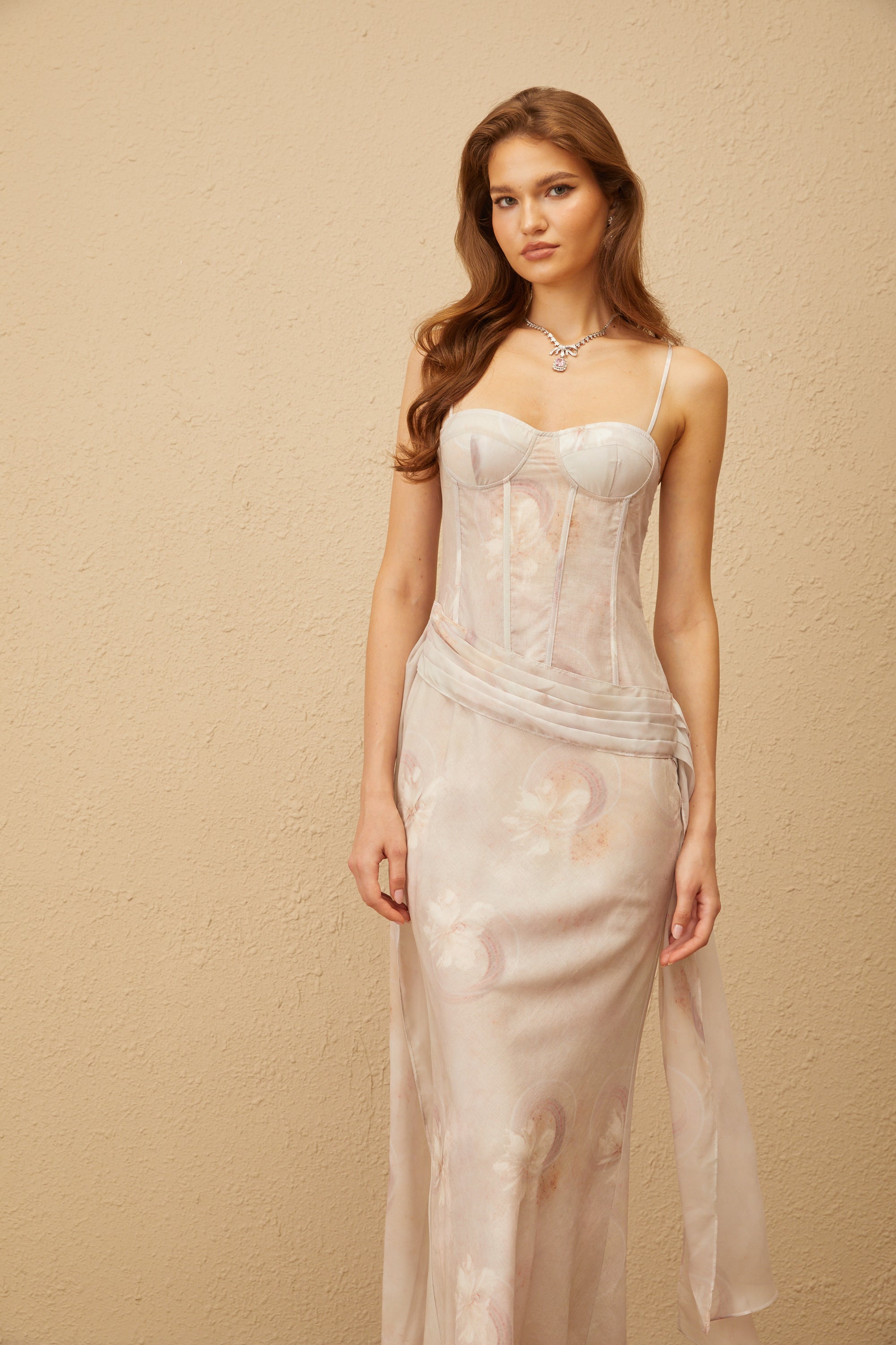 Emeline Grey Floral Print Corset Maxi Dress