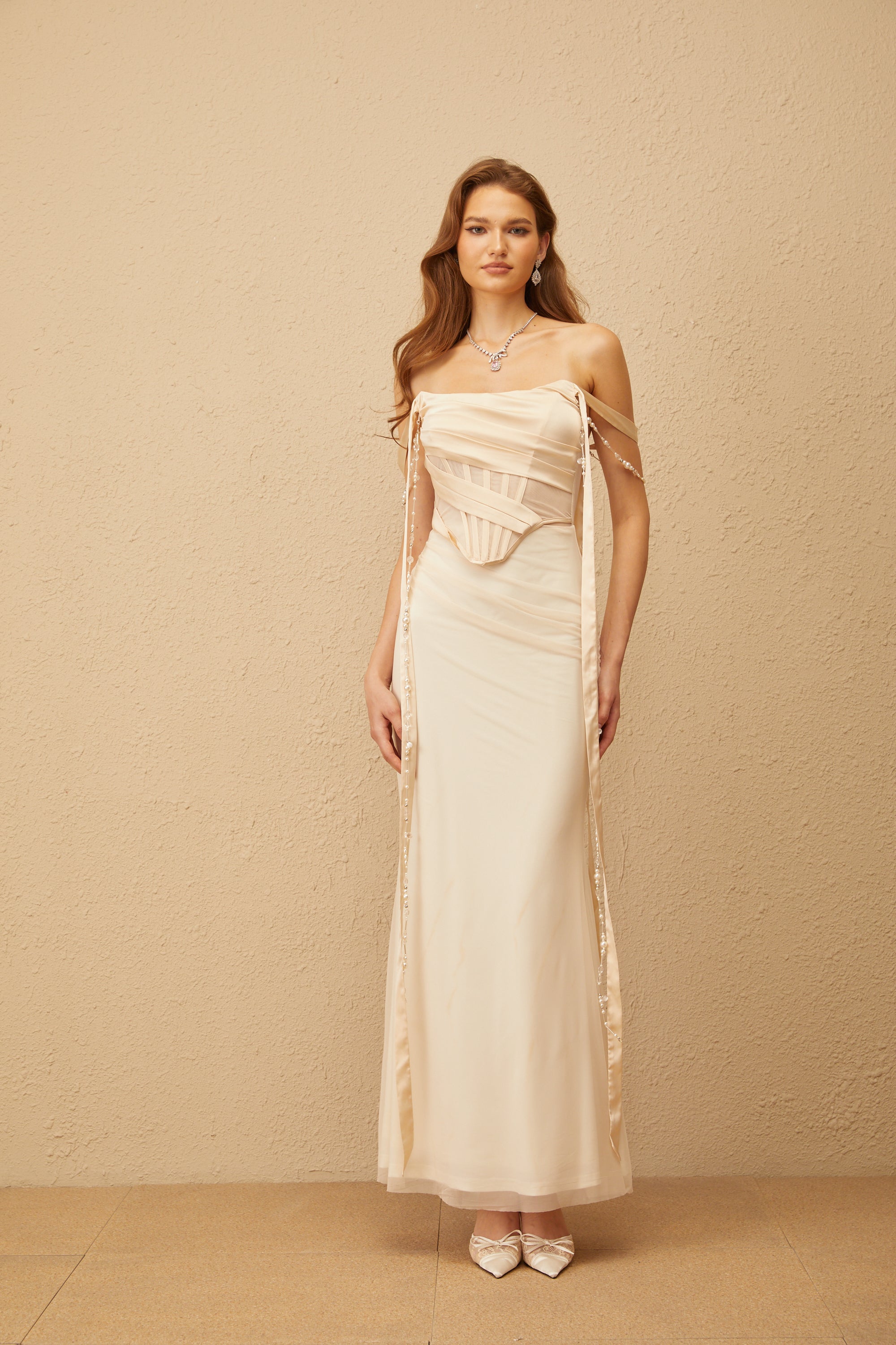 Lorraine Neutral Ruched Mesh Corset Maxi Dress