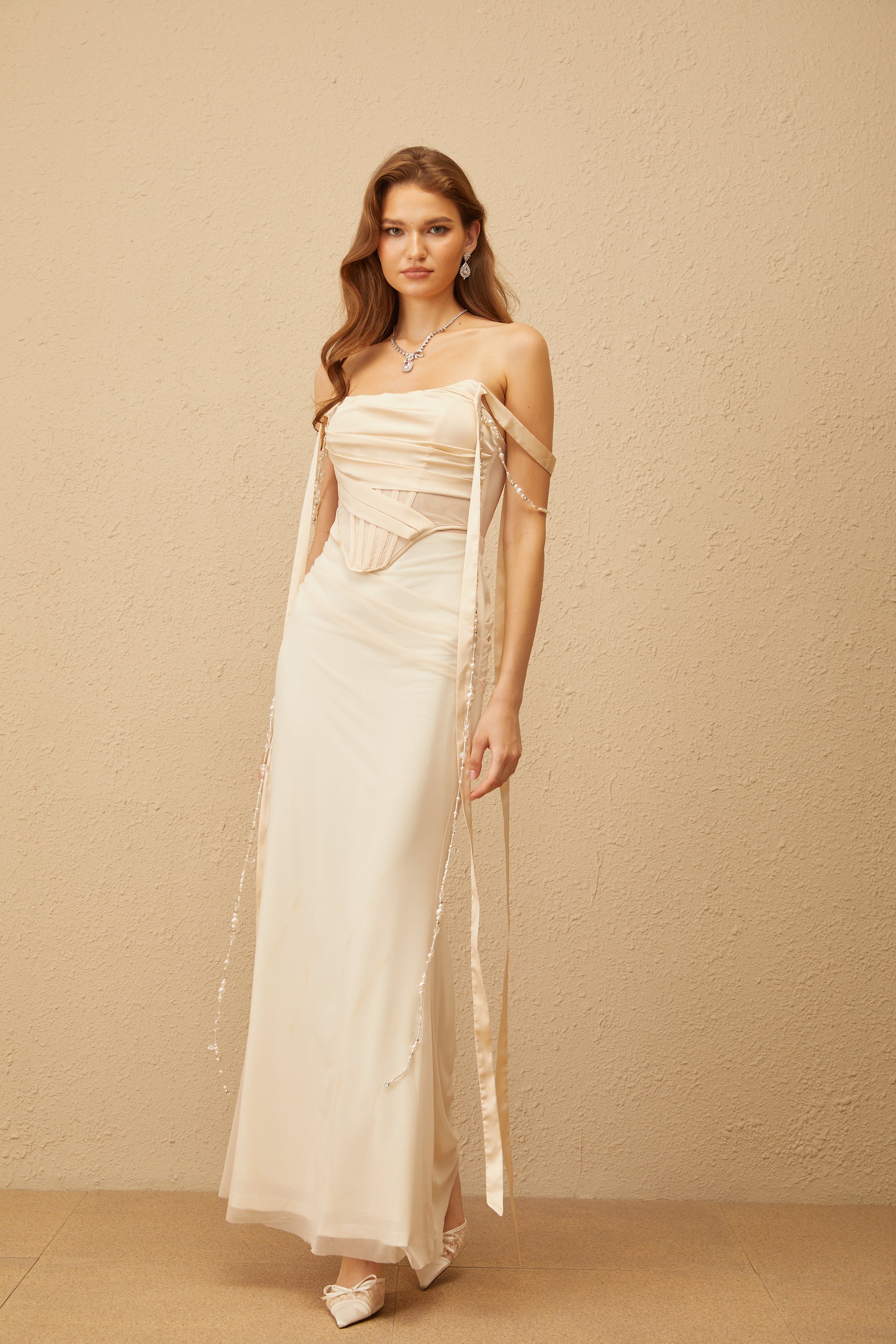 Lorraine Neutral Ruched Mesh Corset Maxi Dress