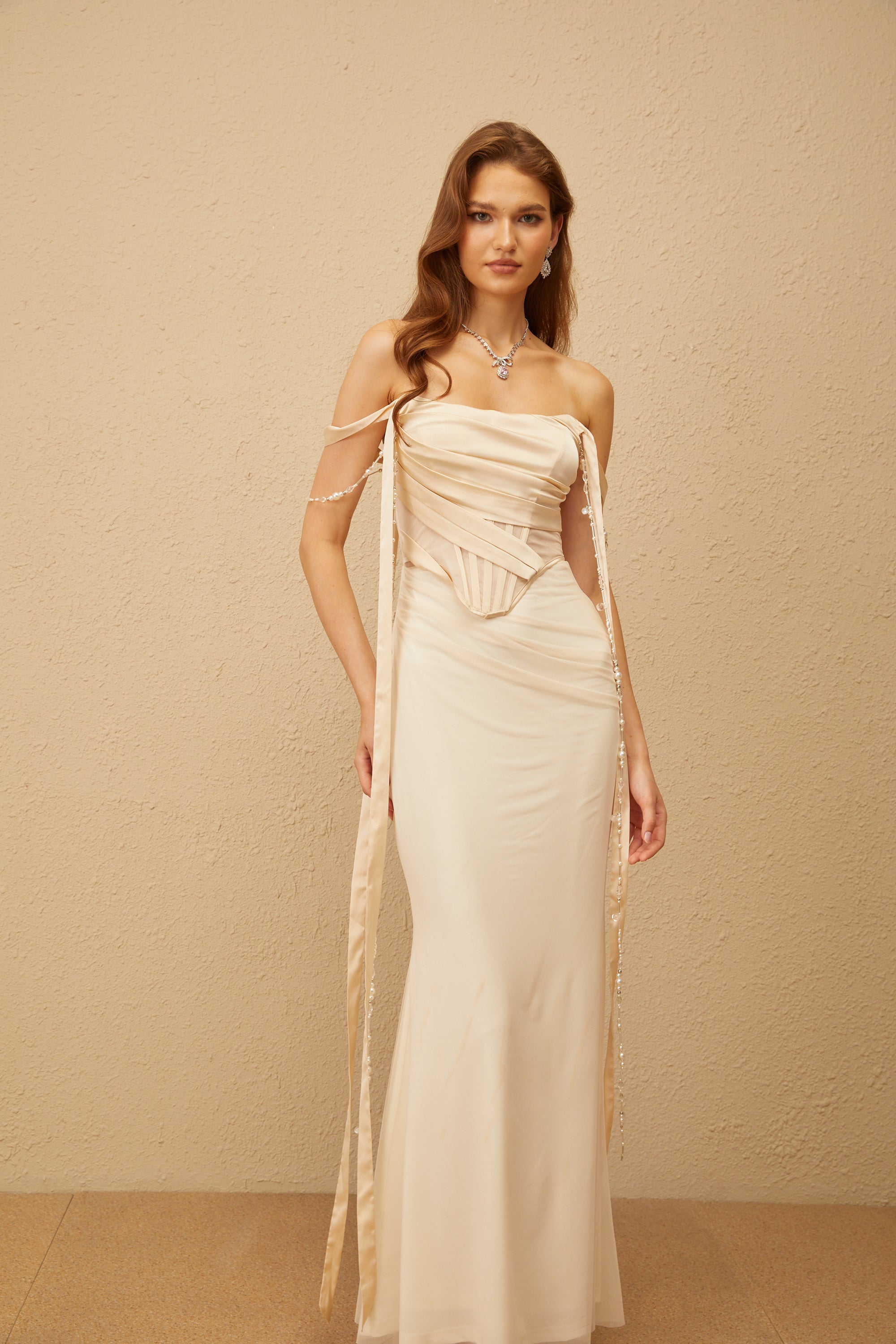 Lorraine Neutral Ruched Mesh Corset Maxi Dress