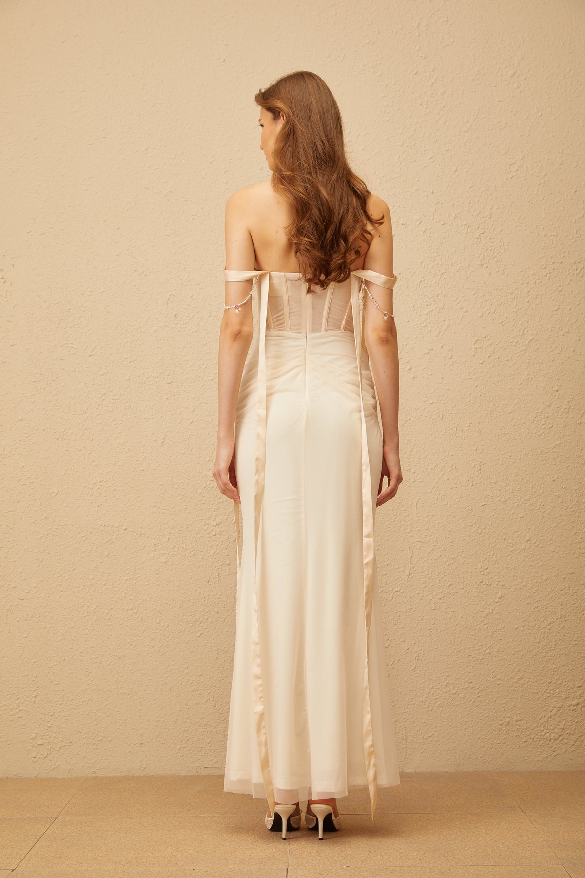 Lorraine Neutral Ruched Mesh Corset Maxi Dress