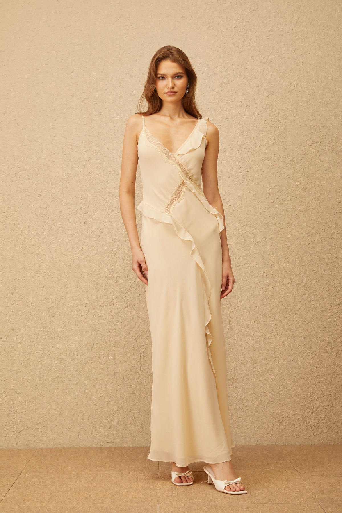 Mathilde Neutral Aysmmetrical Ruffled Trim Maxi Dress (Final Sale)