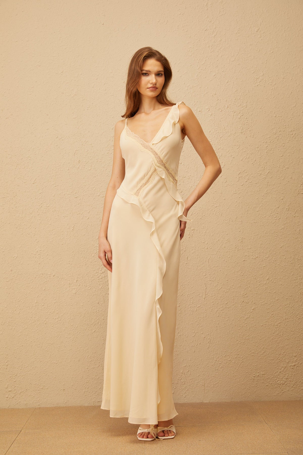 Mathilde Neutral Aysmmetrical Ruffled Trim Maxi Dress (Final Sale)
