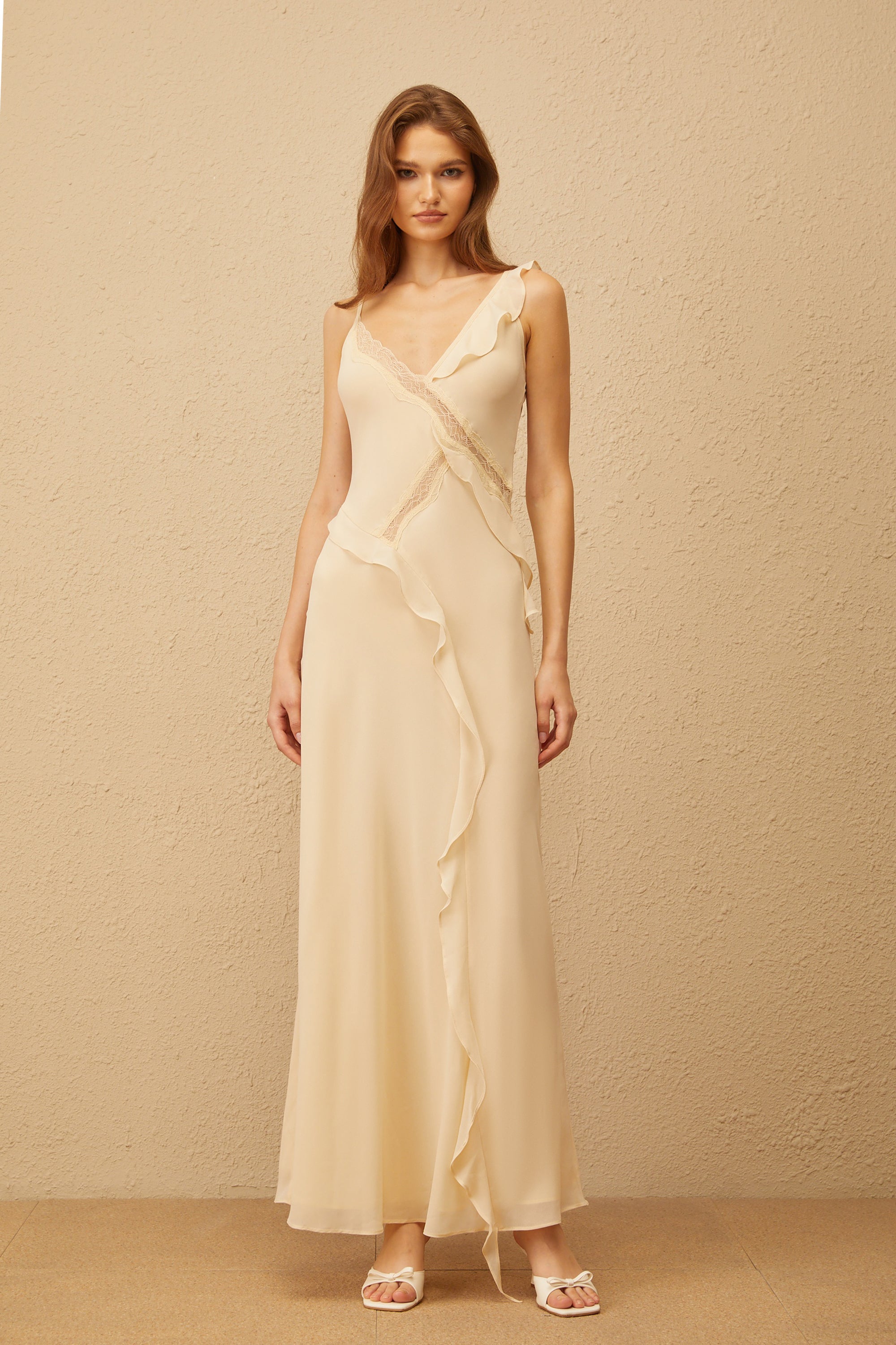 Mathilde Neutral Aysmmetrical Ruffled Trim Maxi Dress (Final Sale)