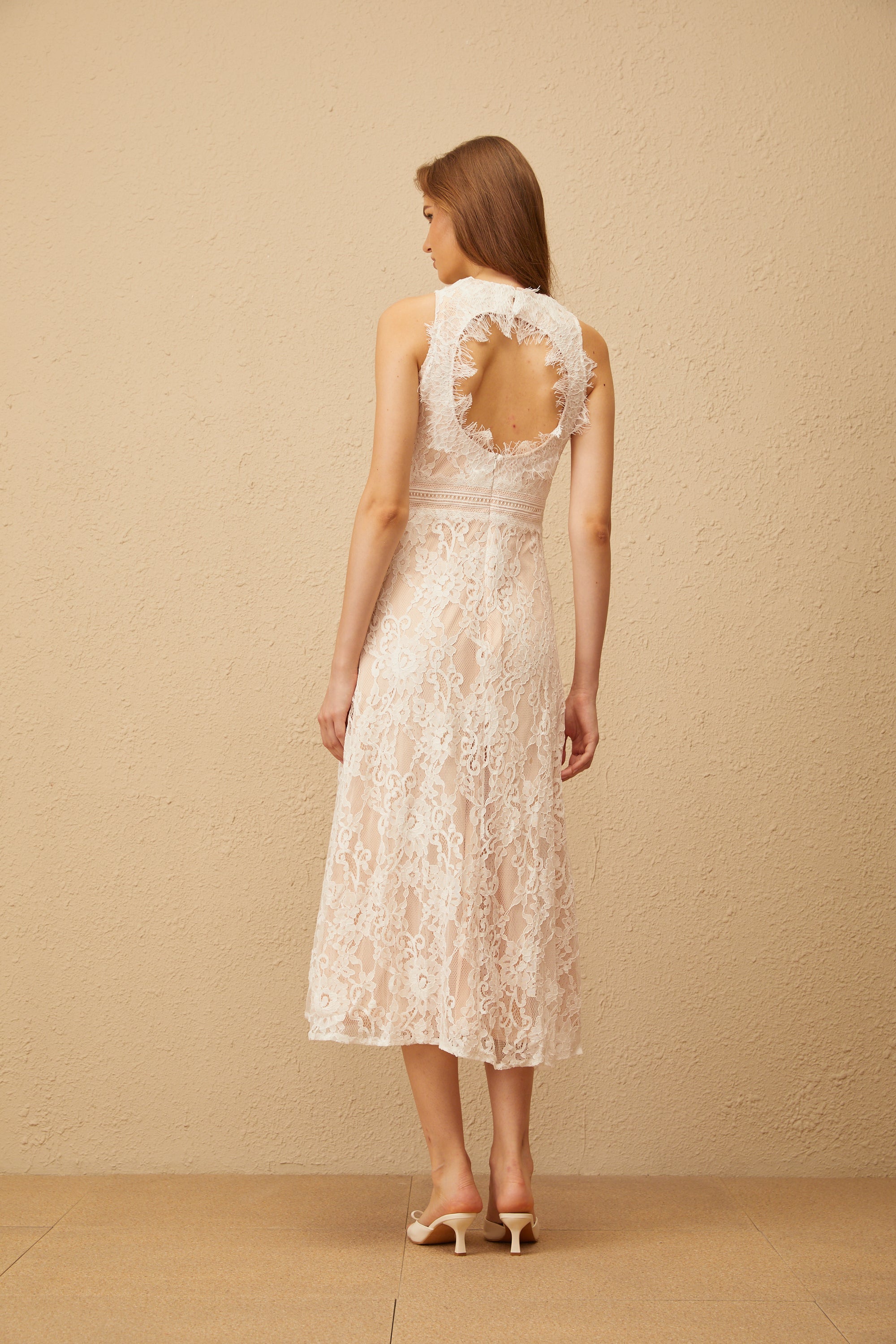 Cerise White Open Back Floral Lace Midi Dress