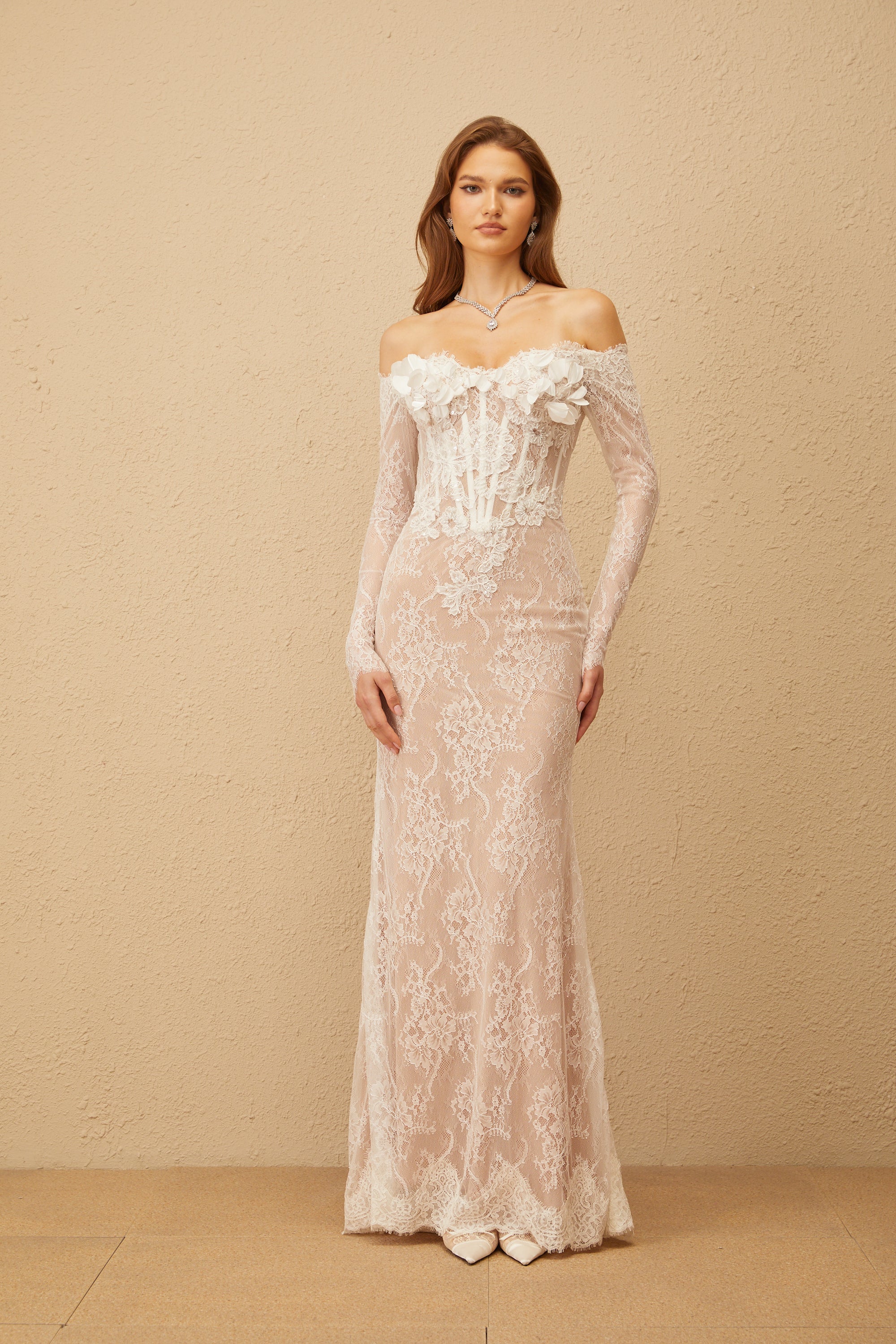 Carmen White Embellished Floral Lace Maxi Dress
