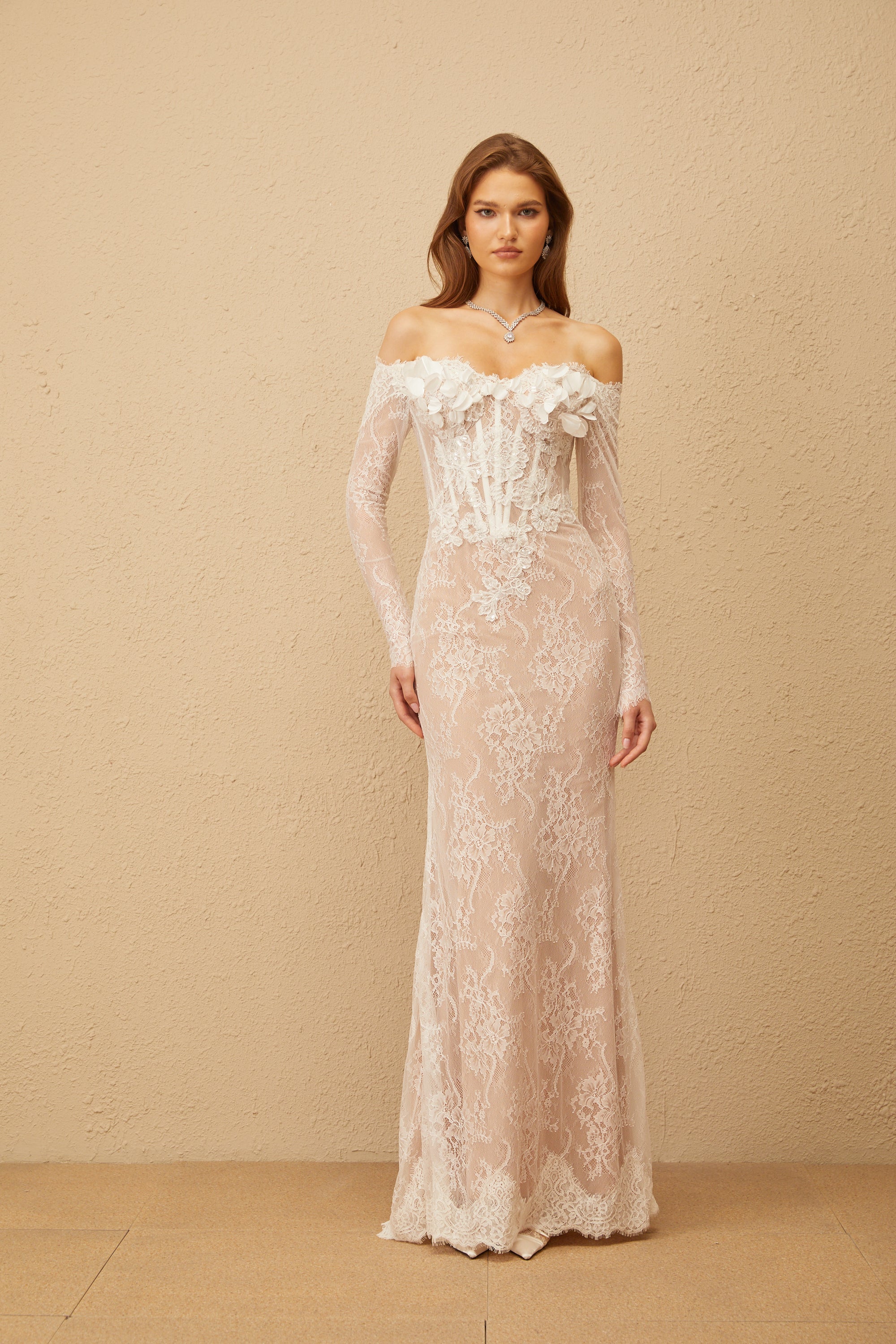 Carmen White Embellished Floral Lace Maxi Dress