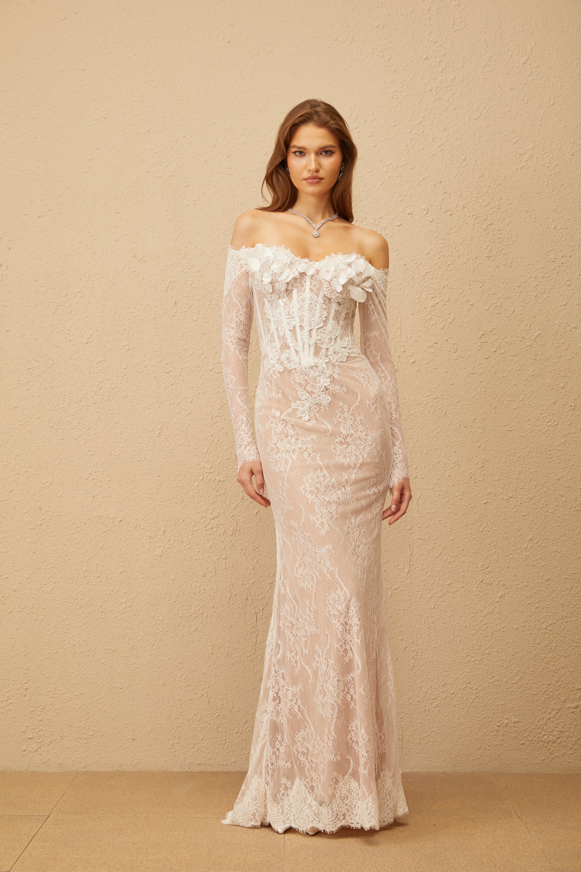 Carmen White Embellished Floral Lace Maxi Dress