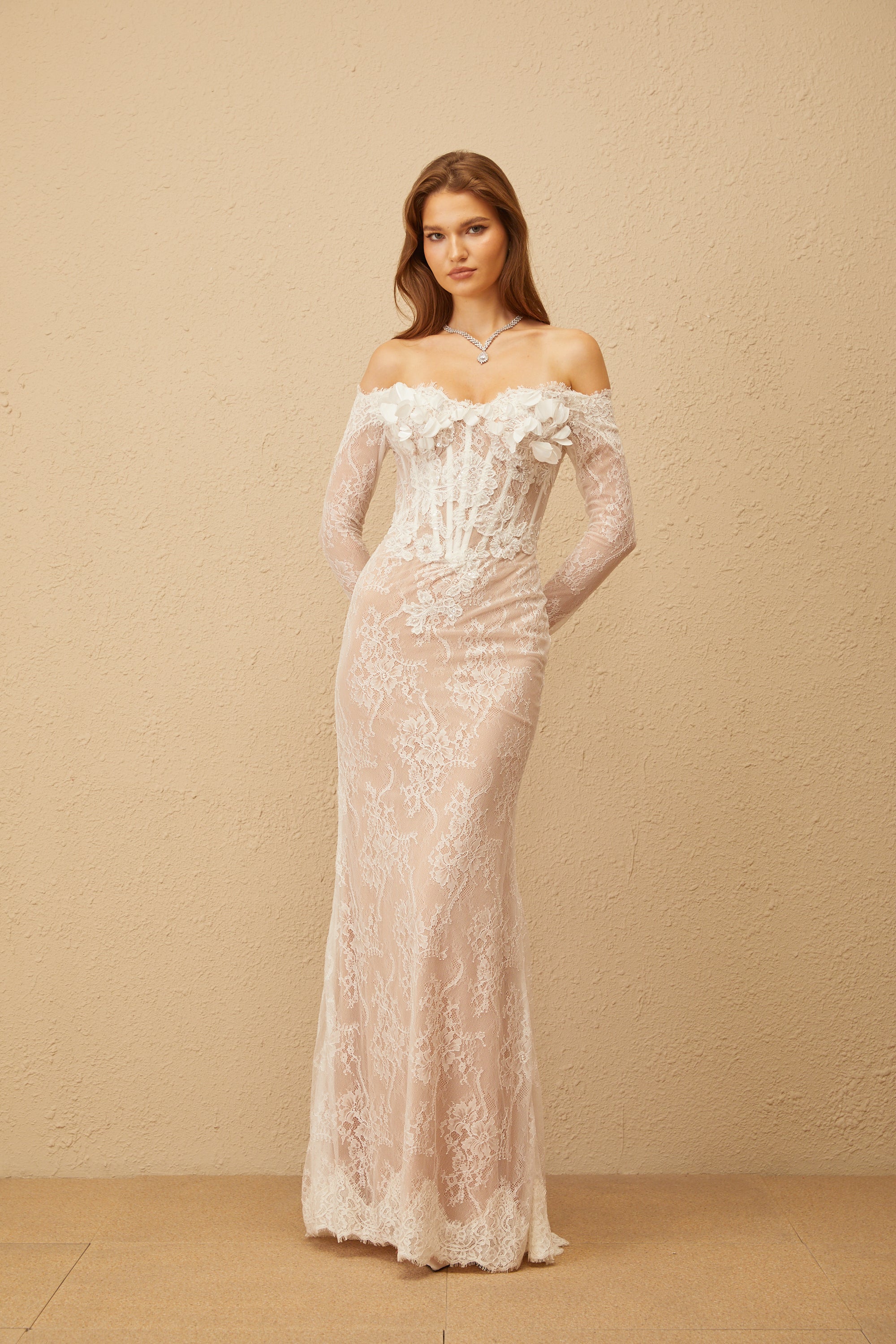 Carmen White Embellished Floral Lace Maxi Dress