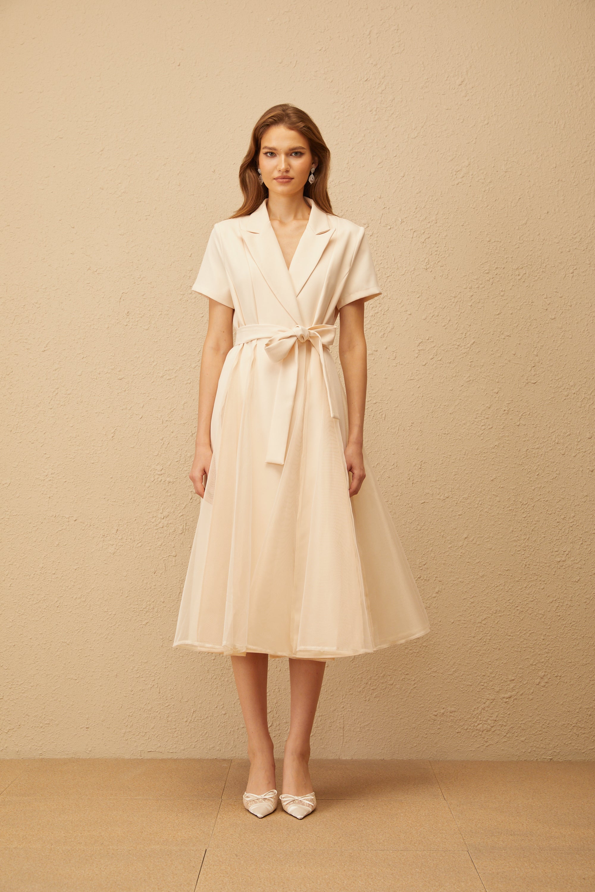 Aurore Neutral Tulle Panel Wraped Midi Dress