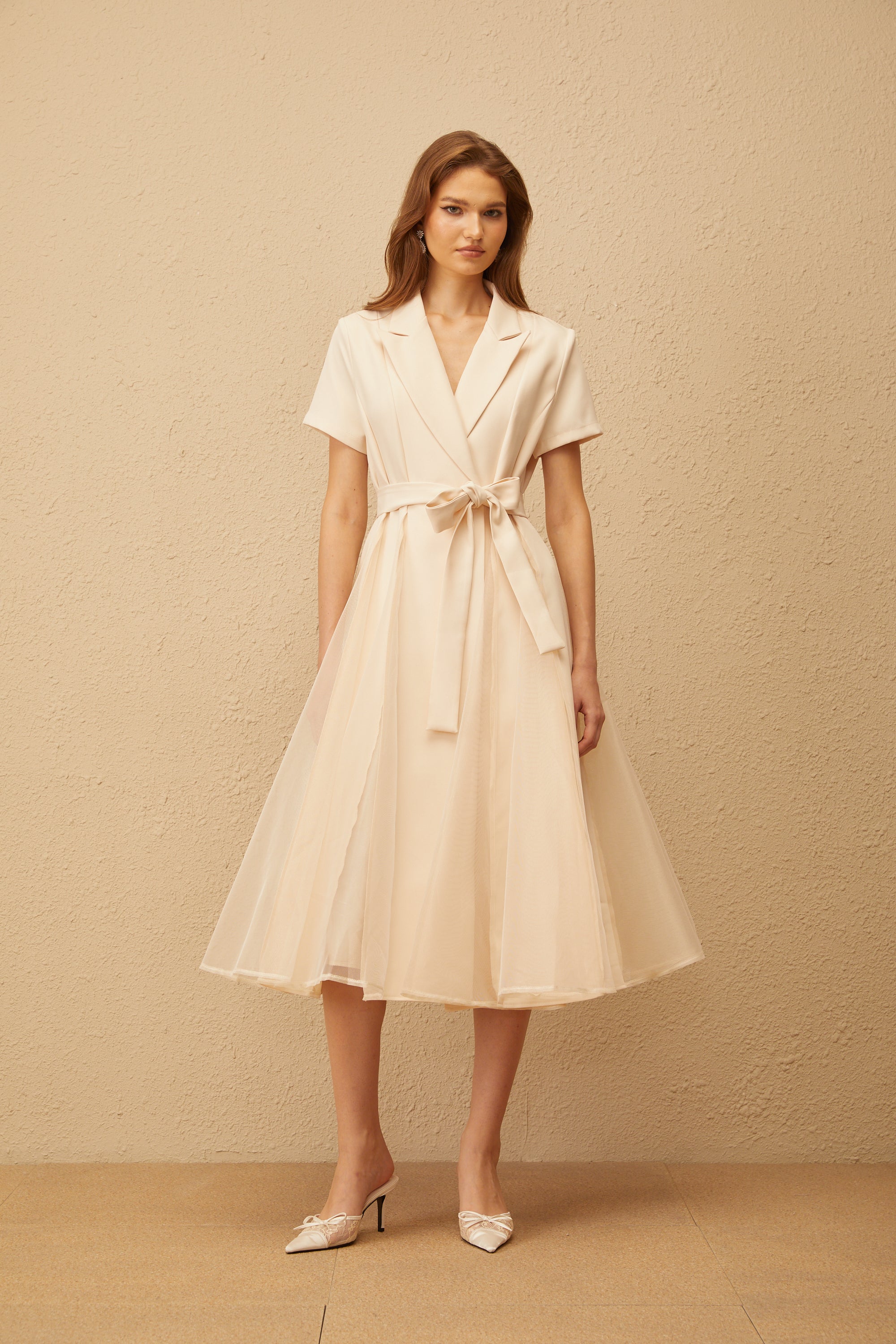 Aurore Neutral Tulle Panel Wraped Midi Dress