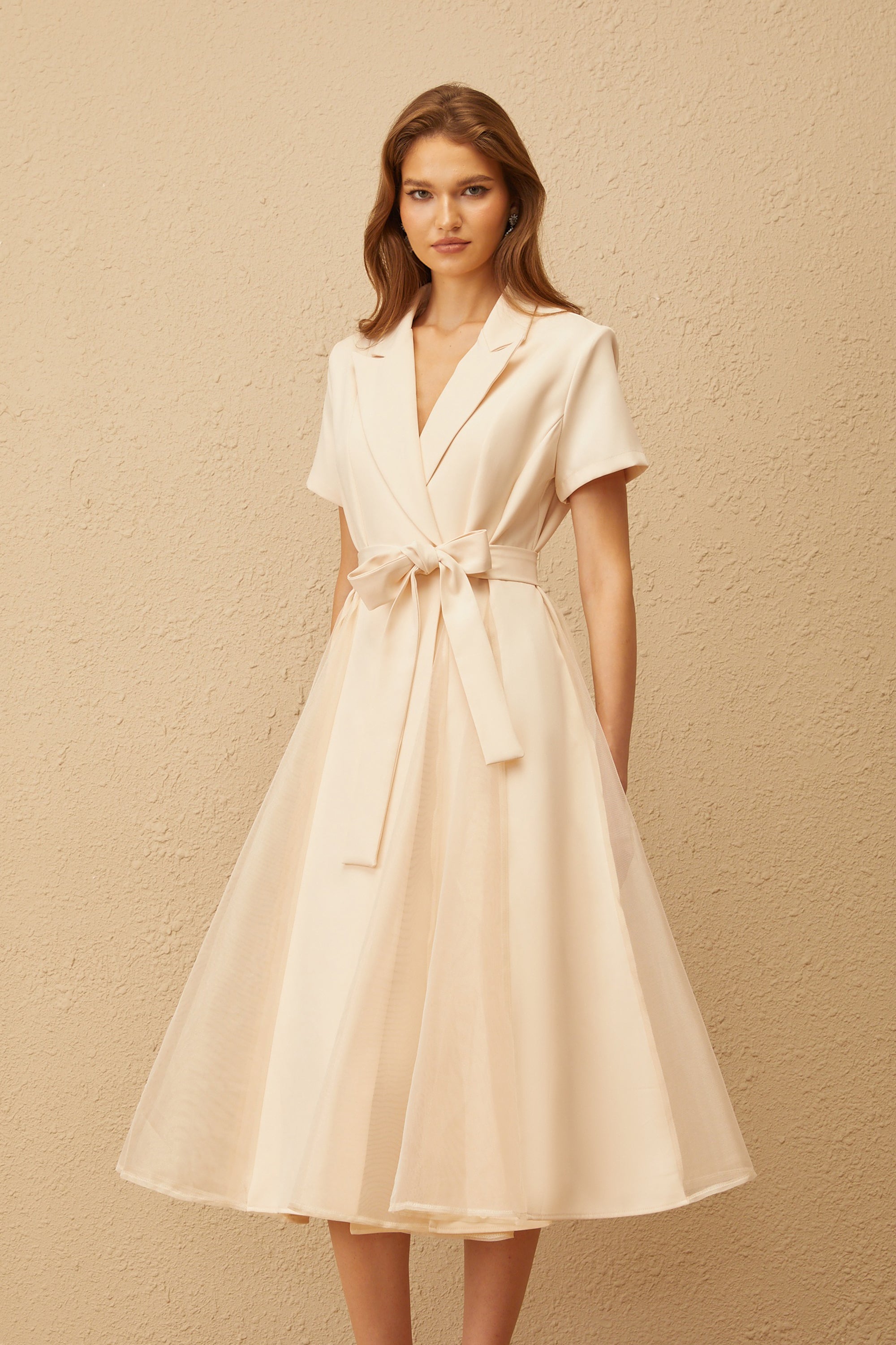 Aurore Neutral Tulle Panel Wraped Midi Dress (Final Sale-US Only)