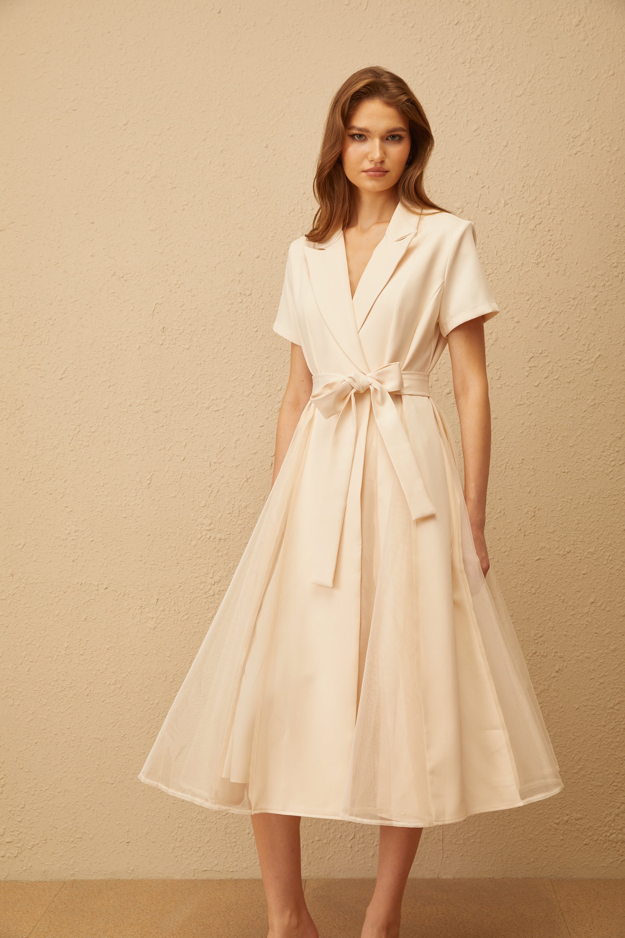 Aurore Neutral Tulle Panel Wraped Midi Dress