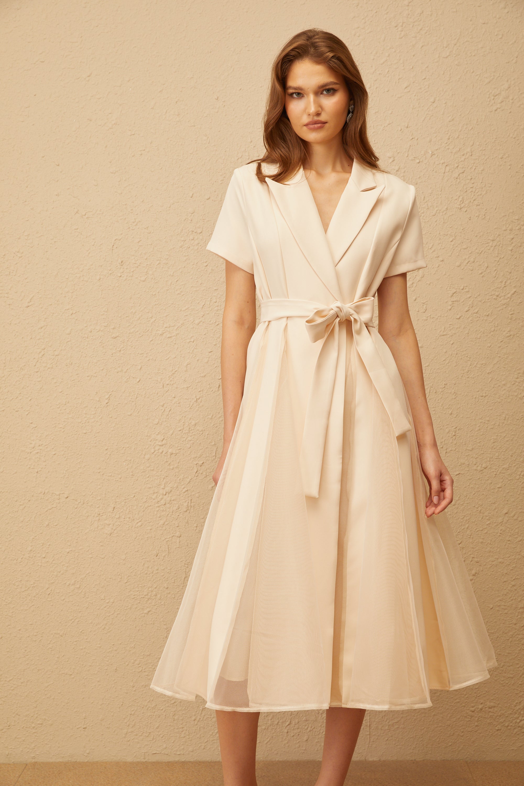 Aurore Neutral Tulle Panel Wraped Midi Dress