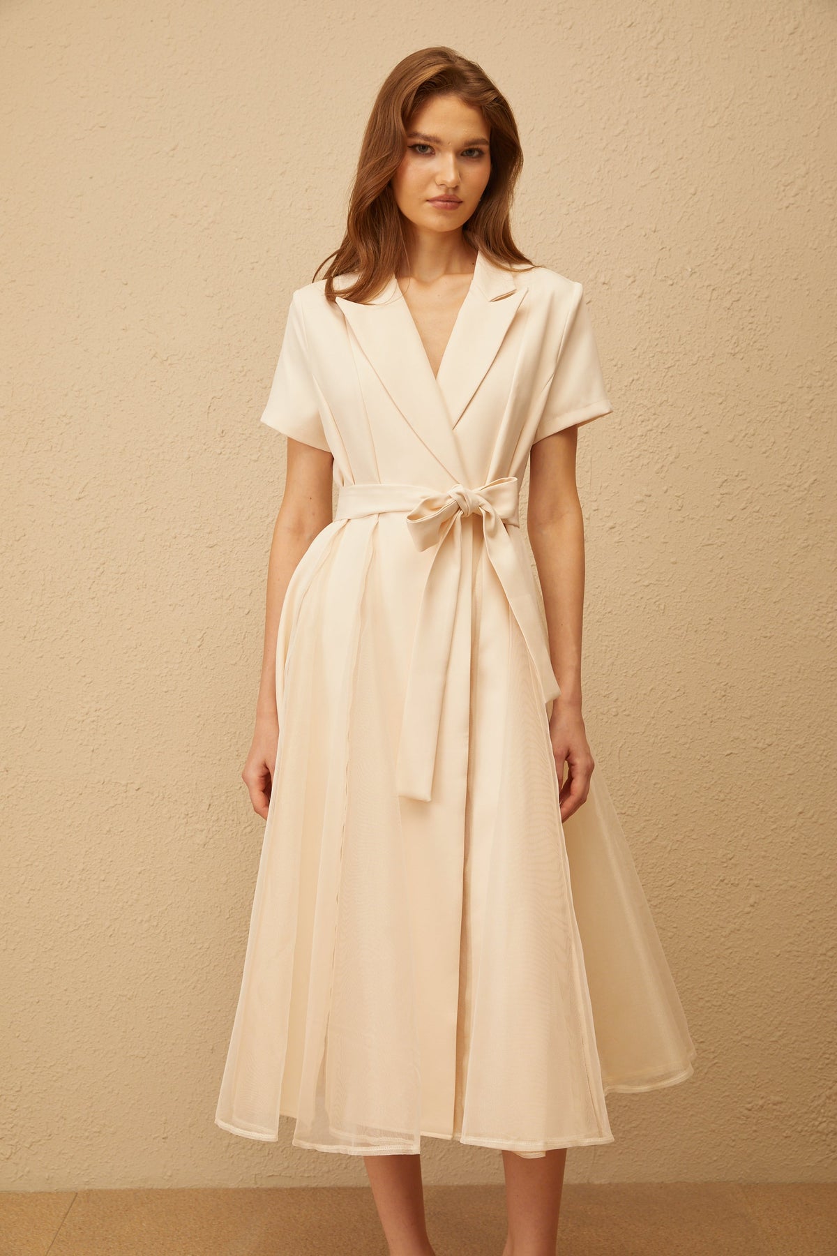 Aurore Neutral Tulle Panel Wraped Midi Dress
