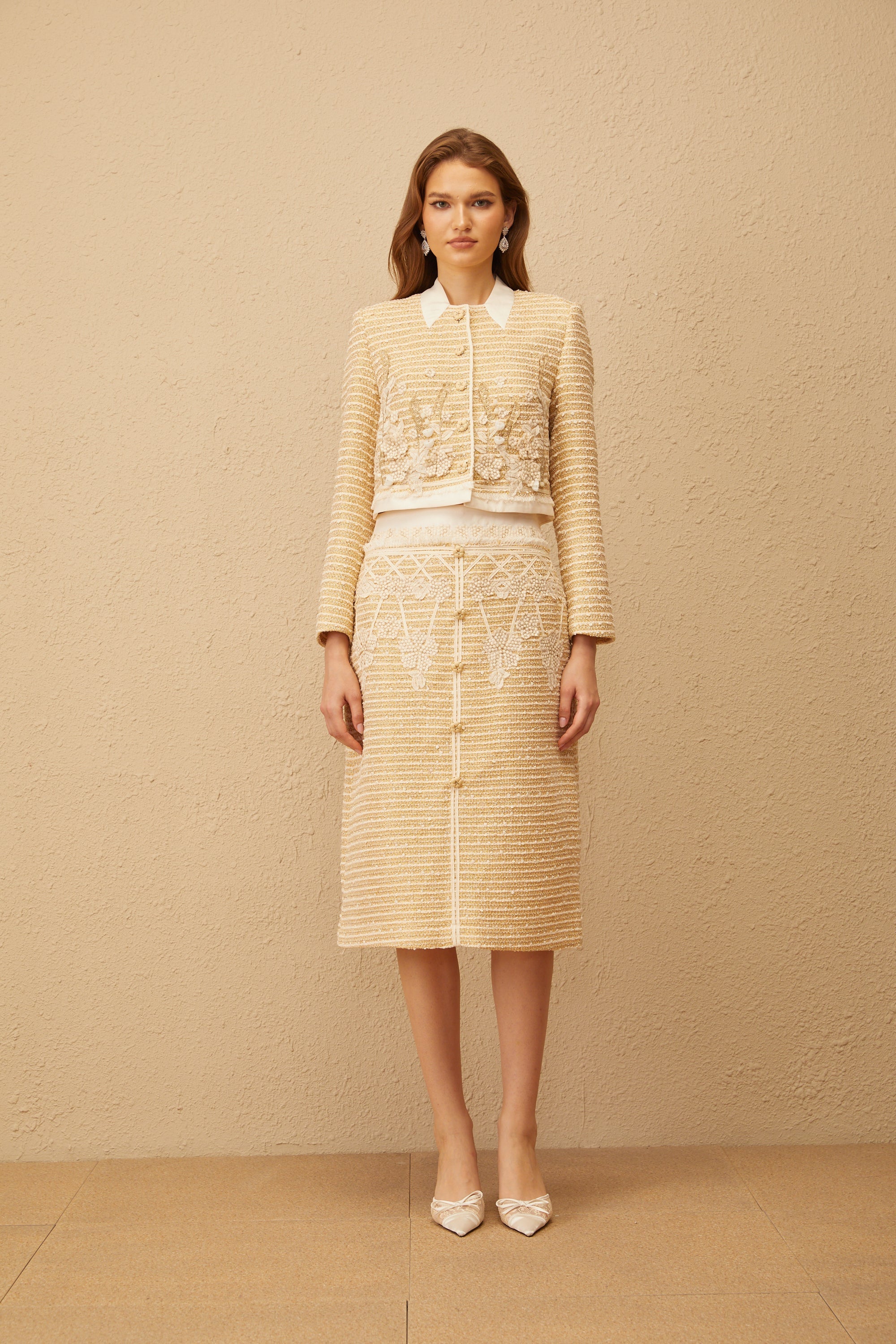 Catalina Neutral Floral Jacquard Tweed Jacket & Skirt Set