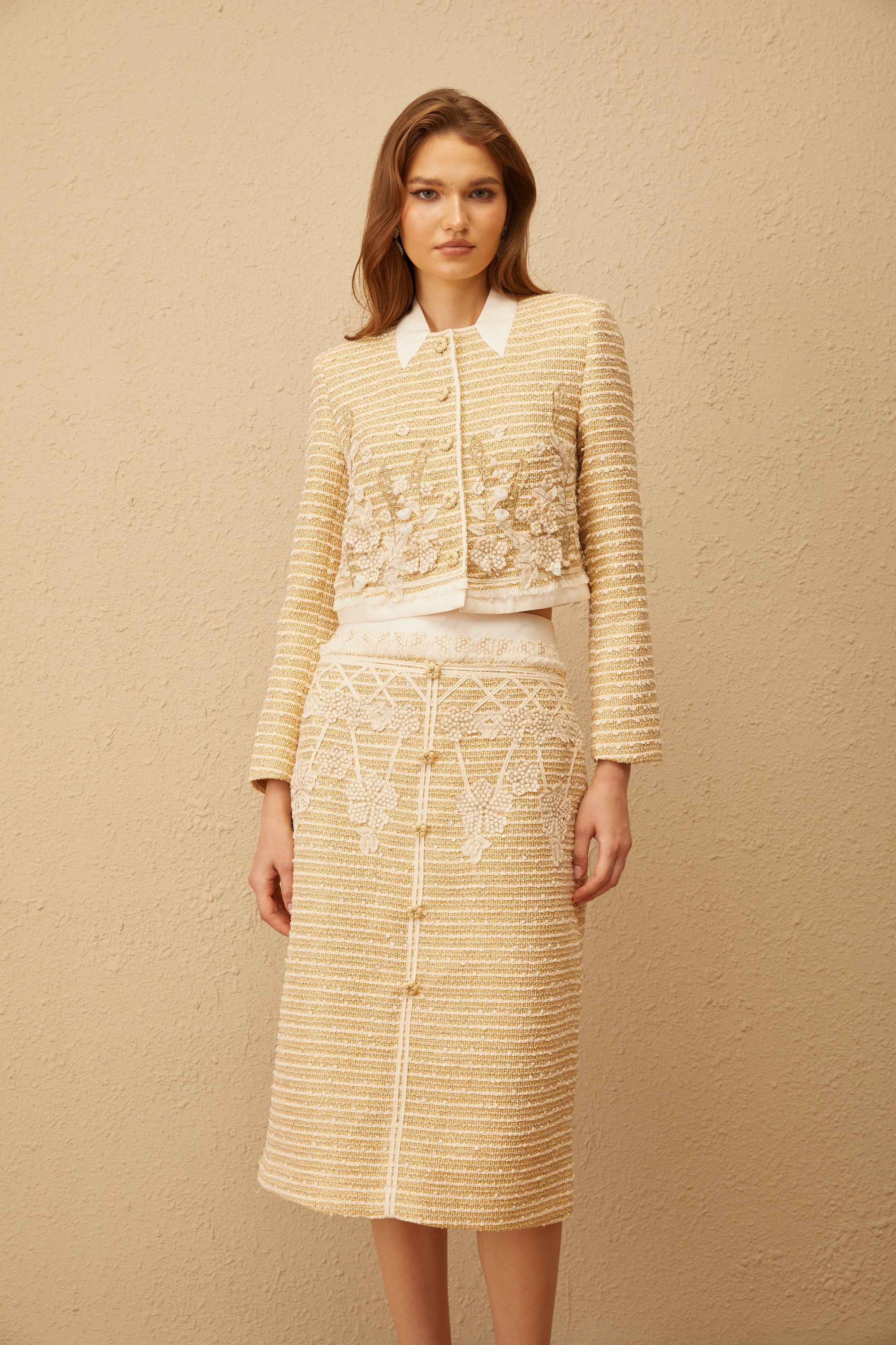 Catalina Neutral Floral Jacquard Tweed Jacket & Skirt Set