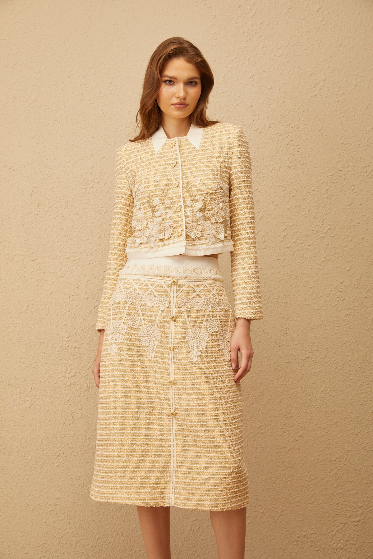 Catalina Neutral Floral Jacquard Tweed Jacket & Skirt Set
