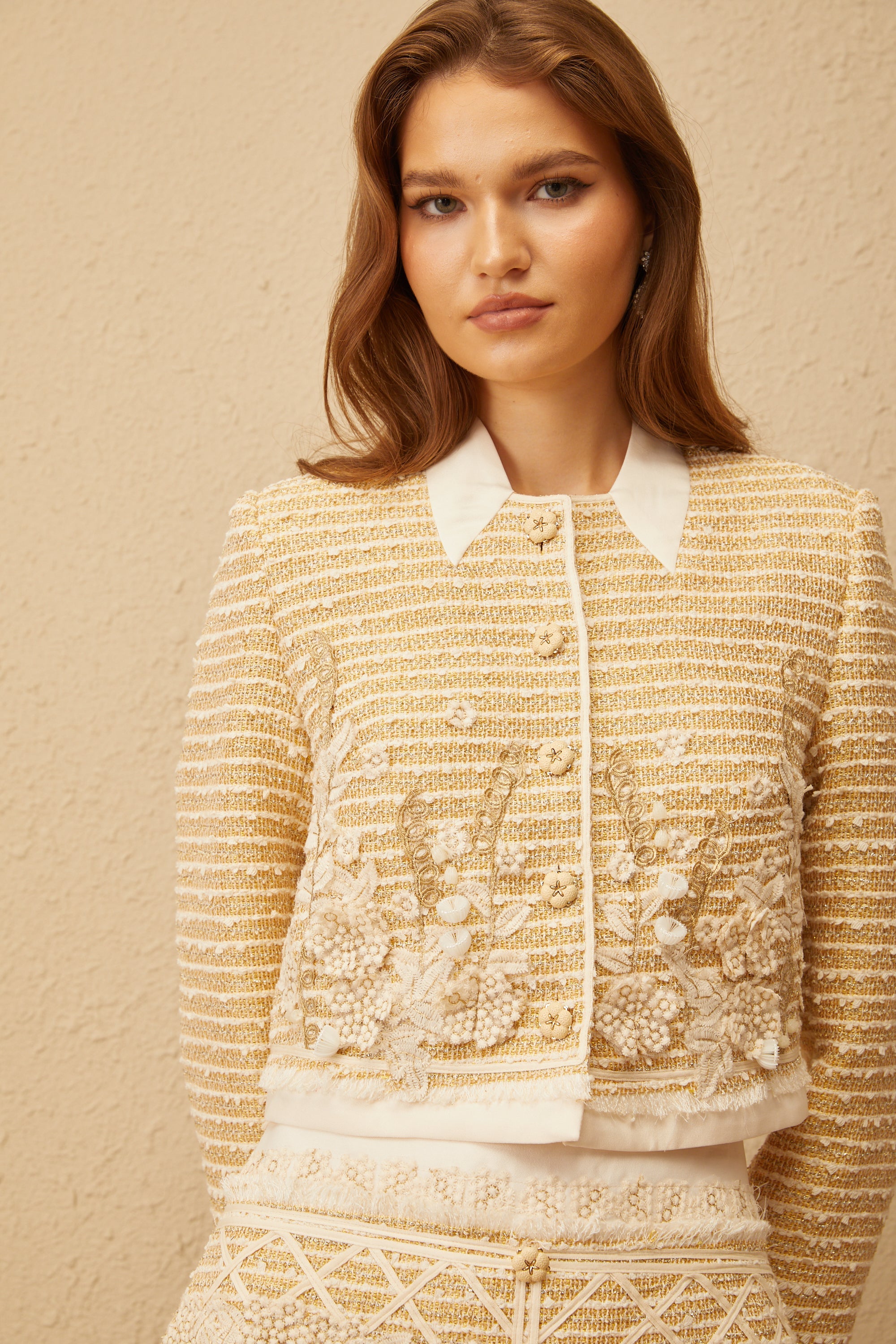 Catalina Neutral Floral Jacquard Tweed Jacket & Skirt Set