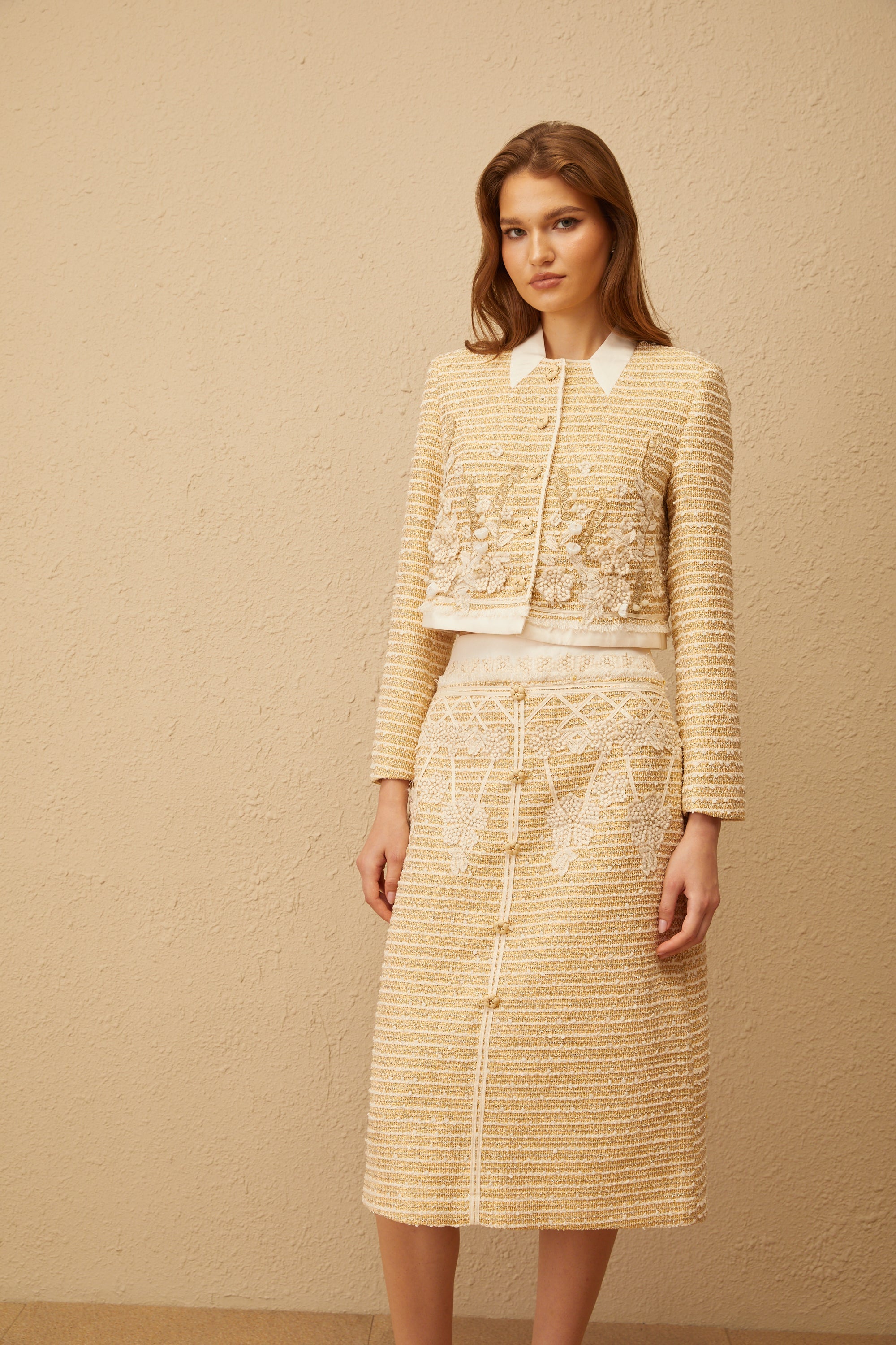 Catalina Neutral Floral Jacquard Tweed Jacket & Skirt Set