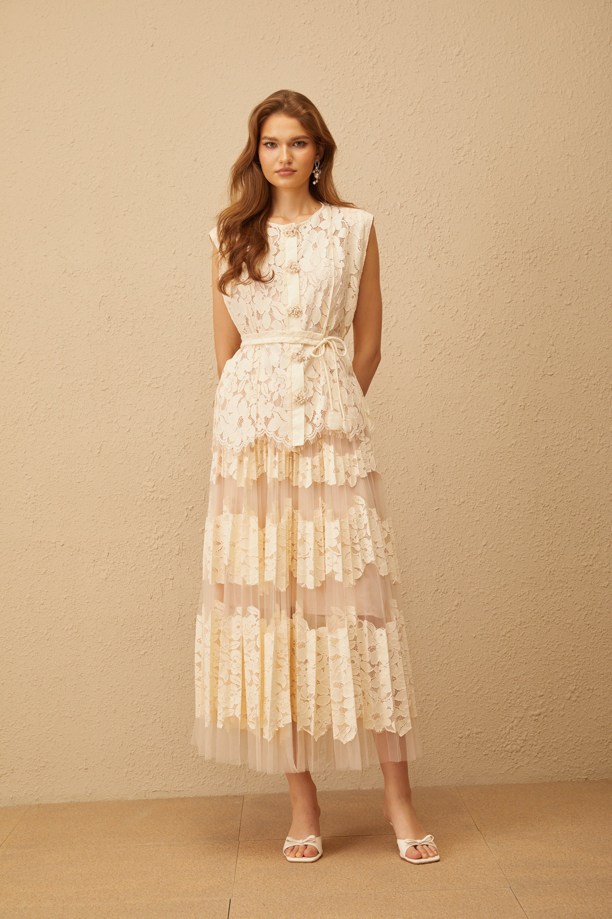 Odette Neutral Floral Lace Top & Skirt Set - beige