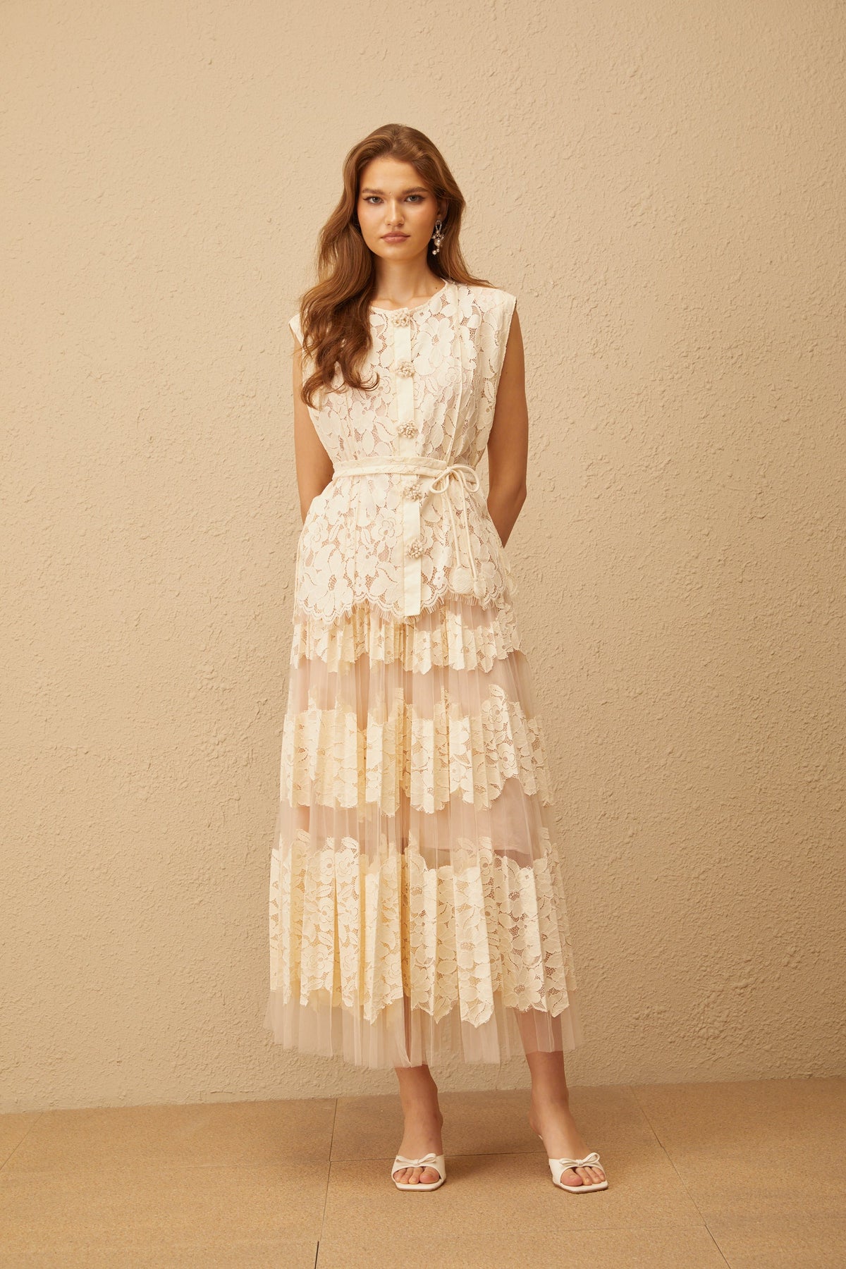 Odette Neutral Floral Lace Top & Skirt Set - beige