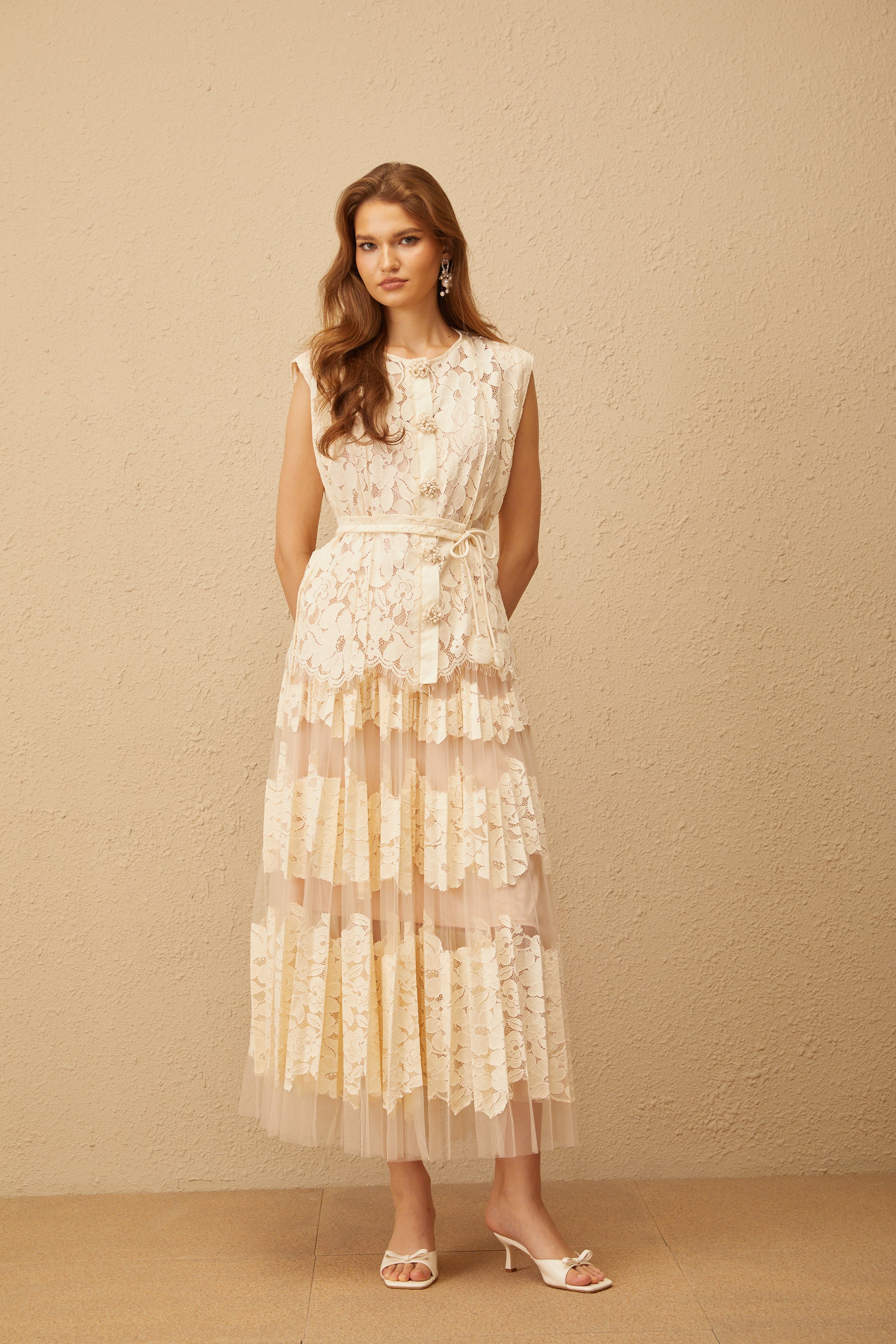 Odette Neutral Floral Lace Top & Skirt Set - beige