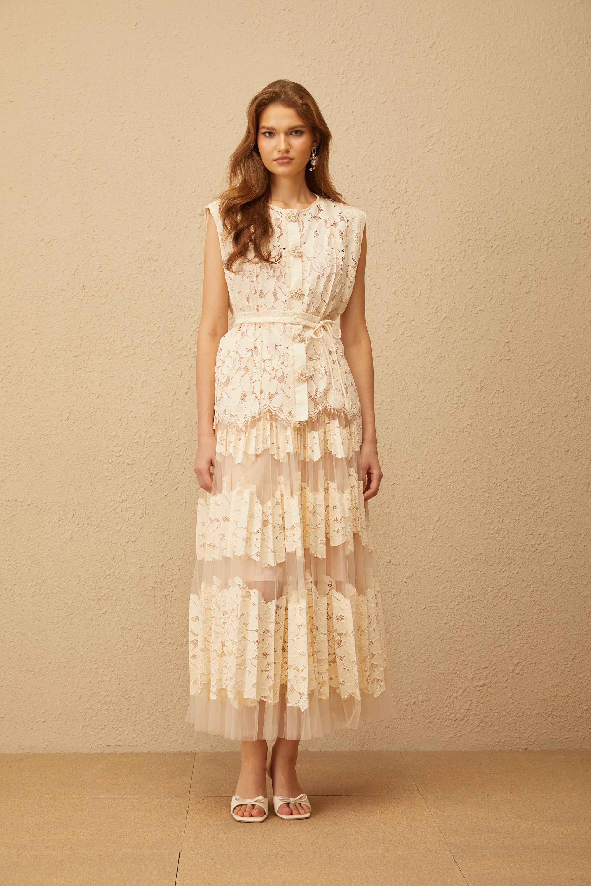 Odette Neutral Floral Lace Top & Skirt Set - beige