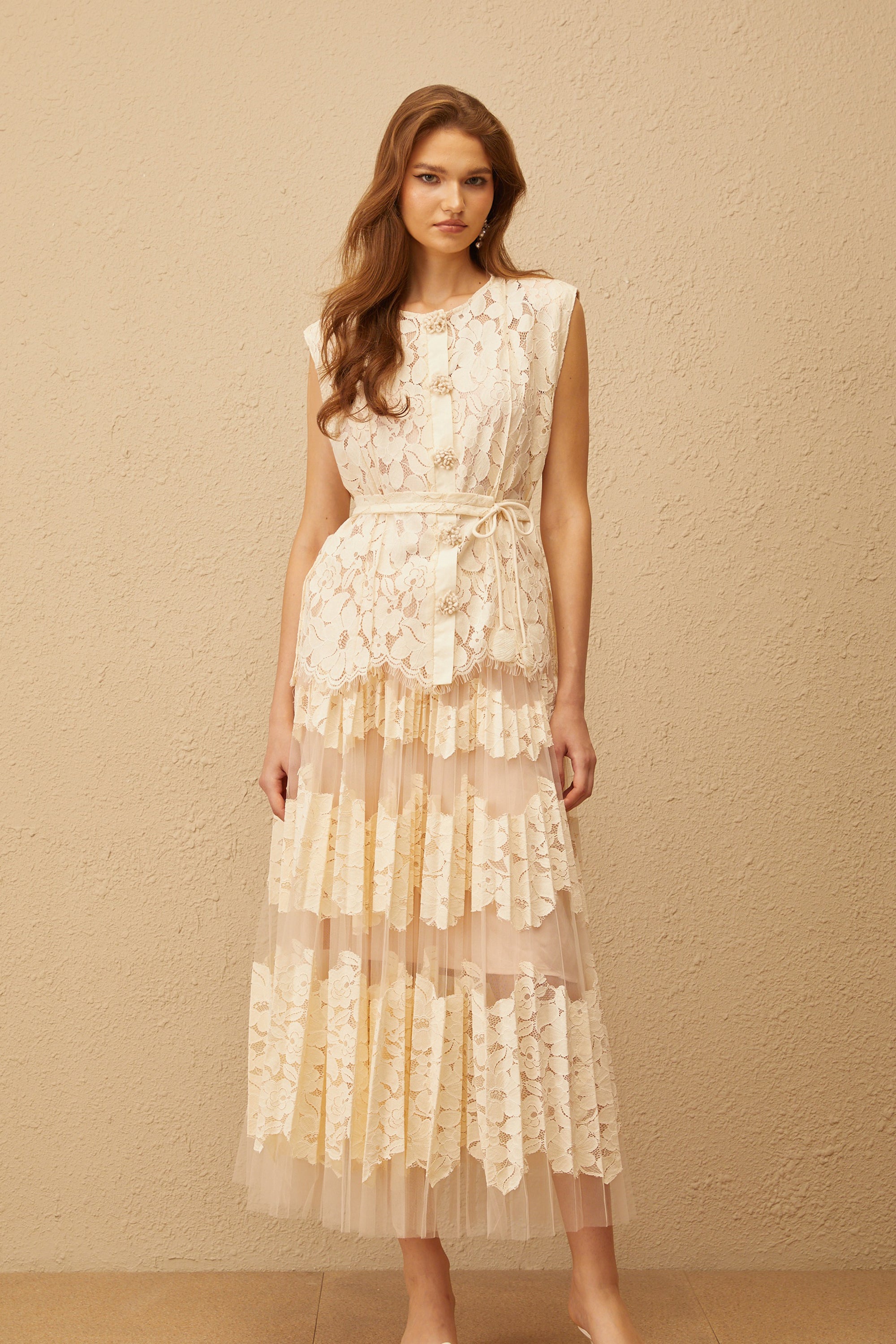 Odette Neutral Floral Lace Top & Skirt Set - beige