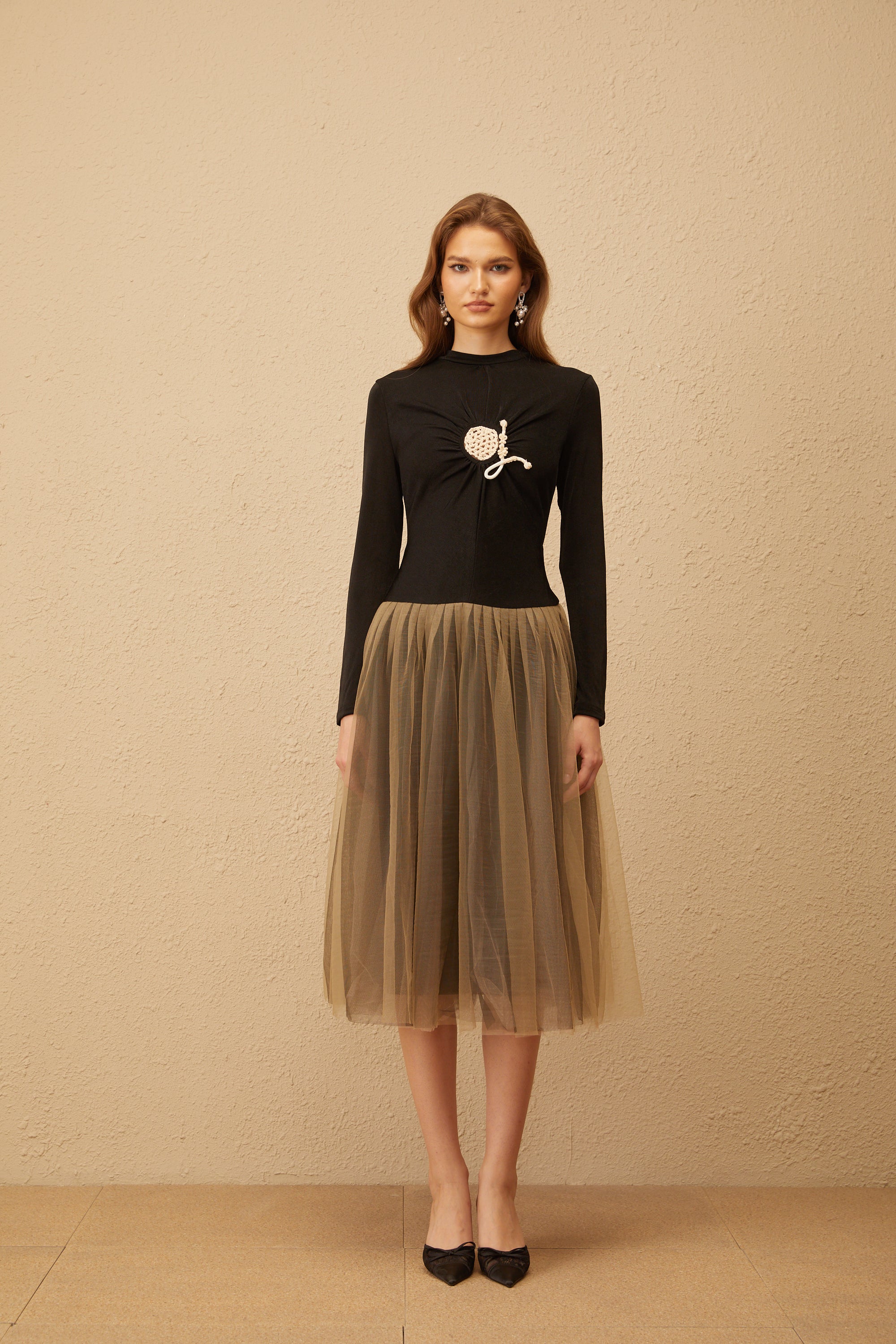 Cézanne Black Crochet Detail Tulle Panel Midi Dress