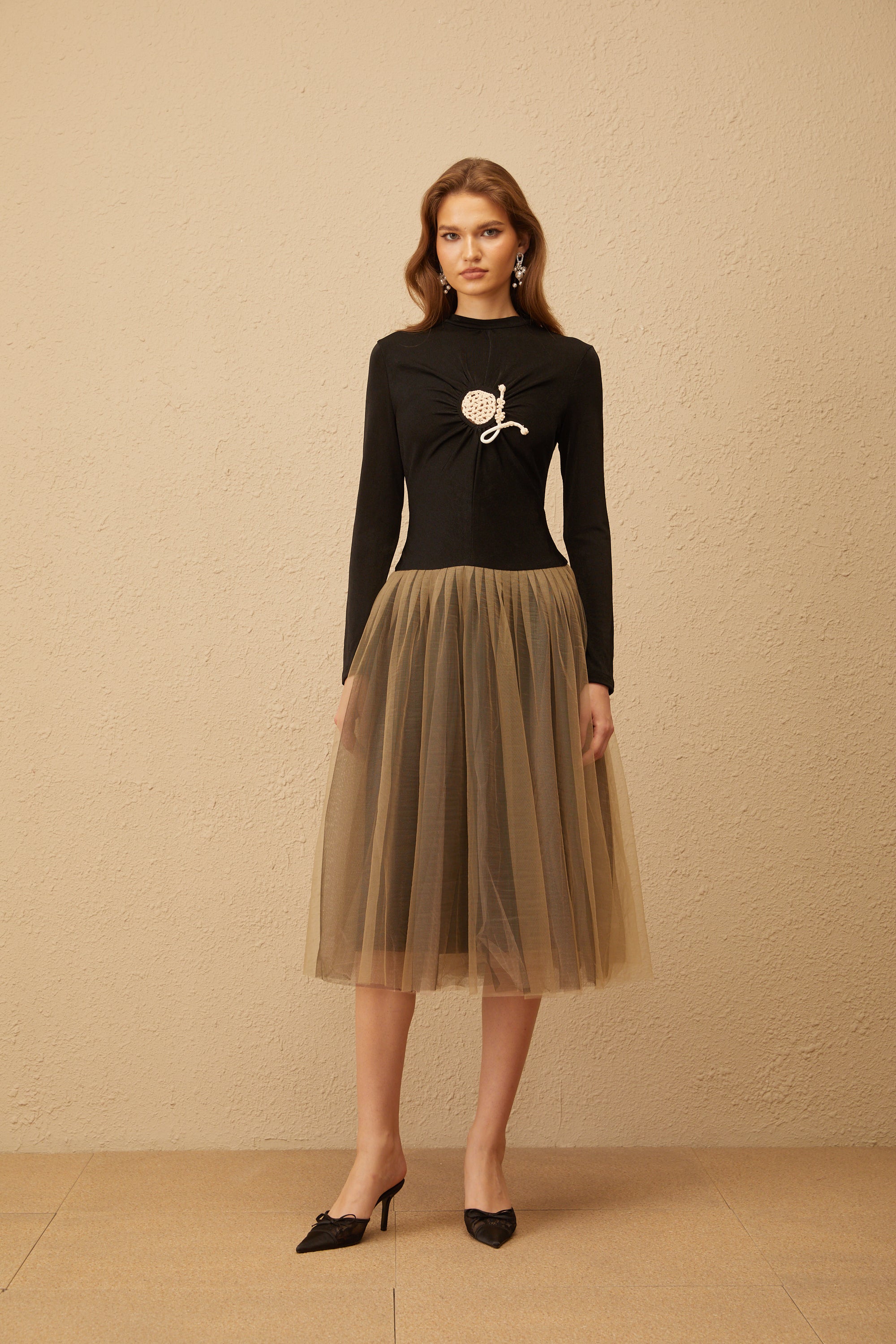 Cézanne Black Crochet Detail Tulle Panel Midi Dress