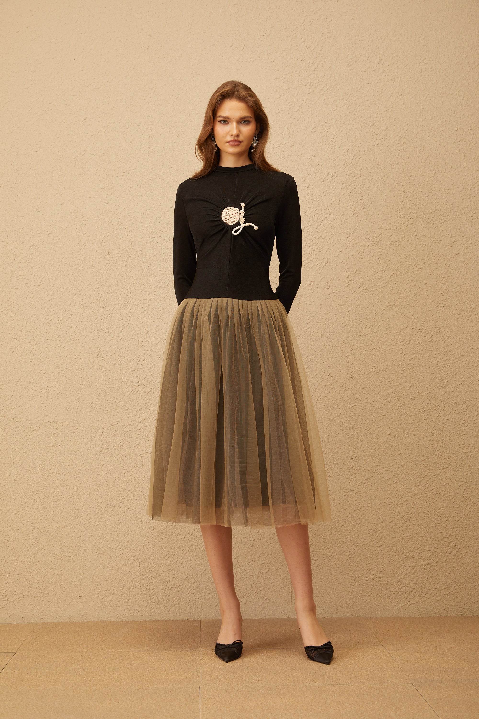 Cézanne Black Crochet Detail Tulle Panel Midi Dress