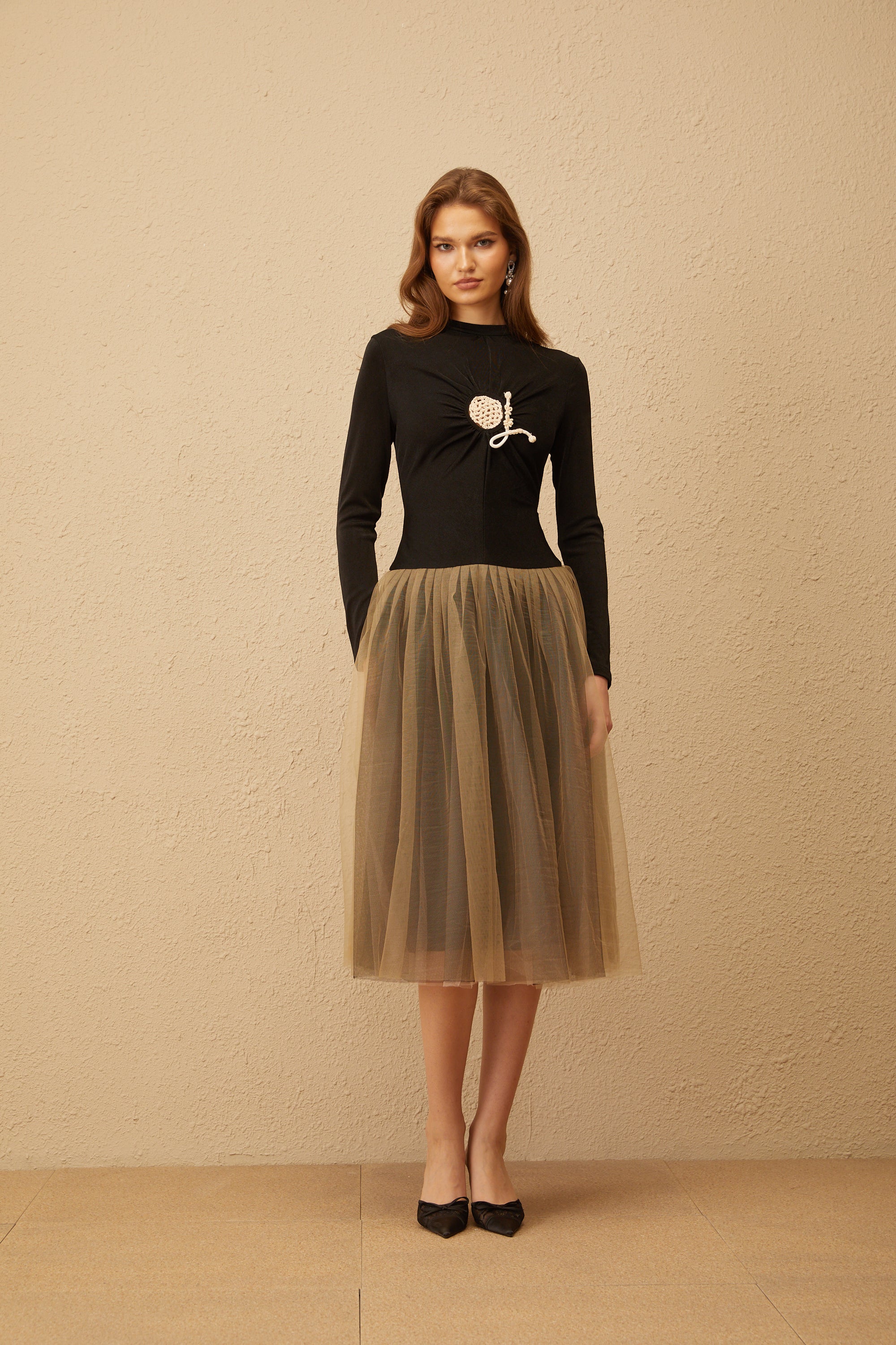 Cézanne Black Crochet Detail Tulle Panel Midi Dress