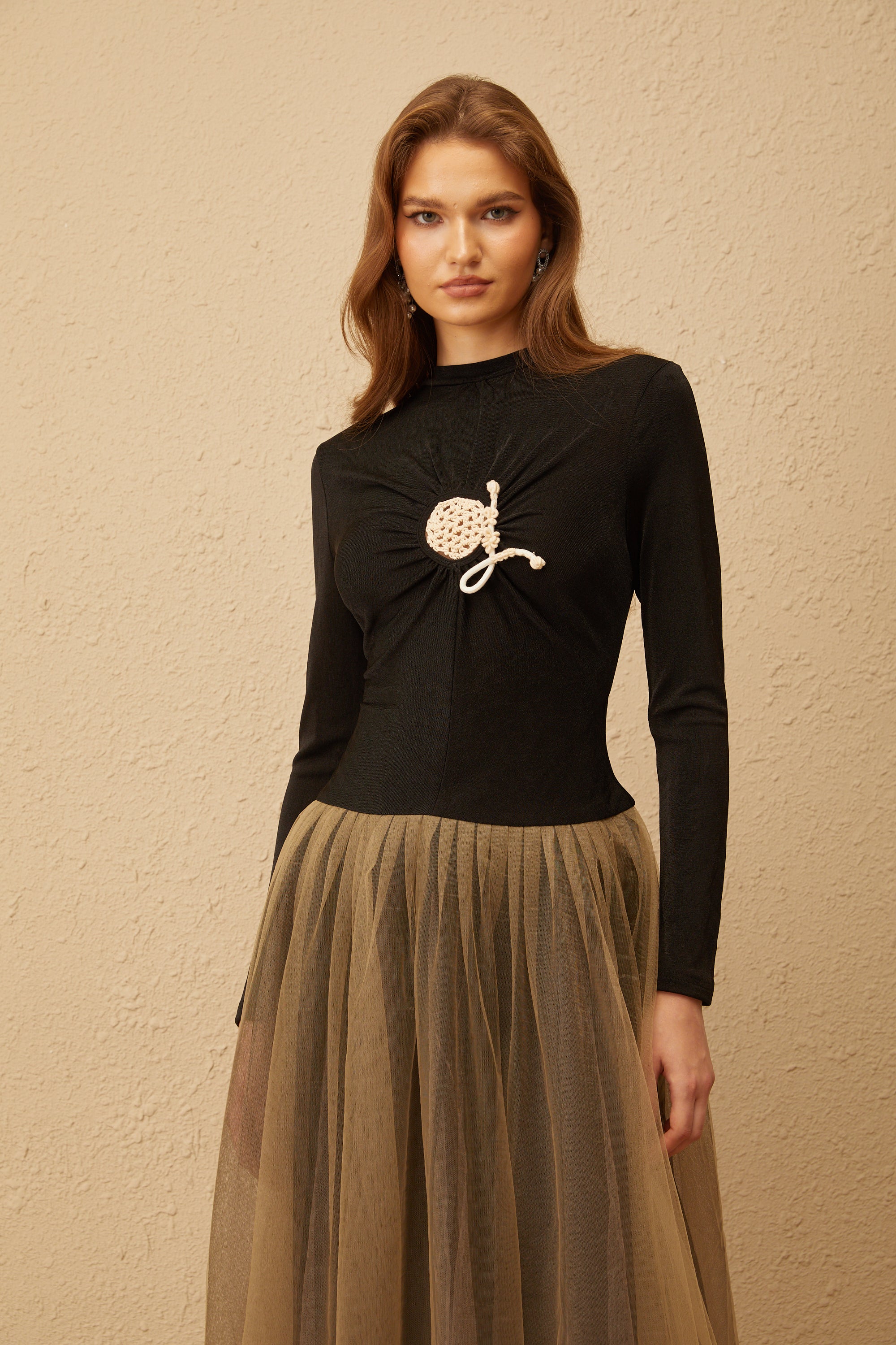 Cézanne Black Crochet Detail Tulle Panel Midi Dress