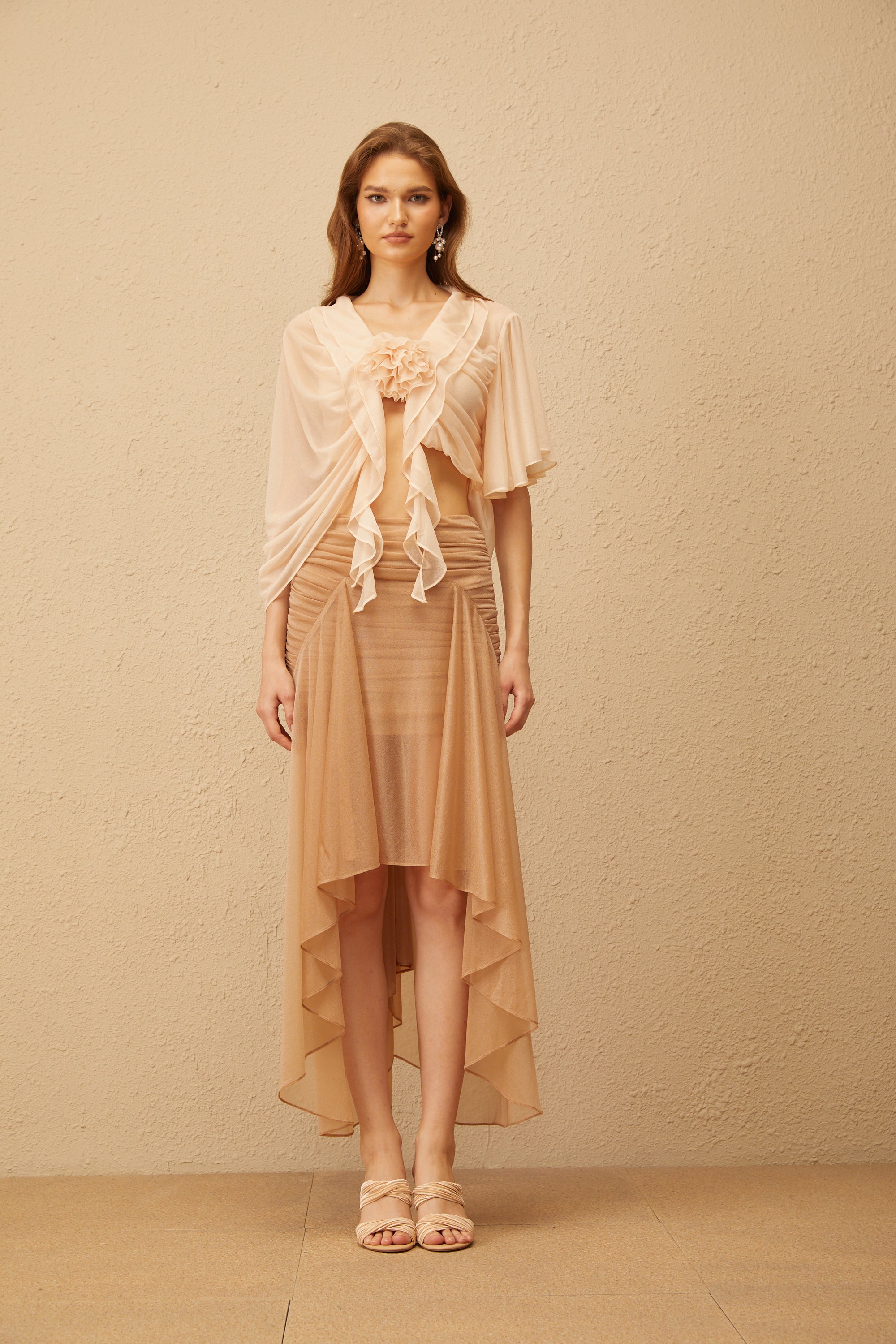 Zélie Neutral Ruched Ruffled Hem Midi Skirt