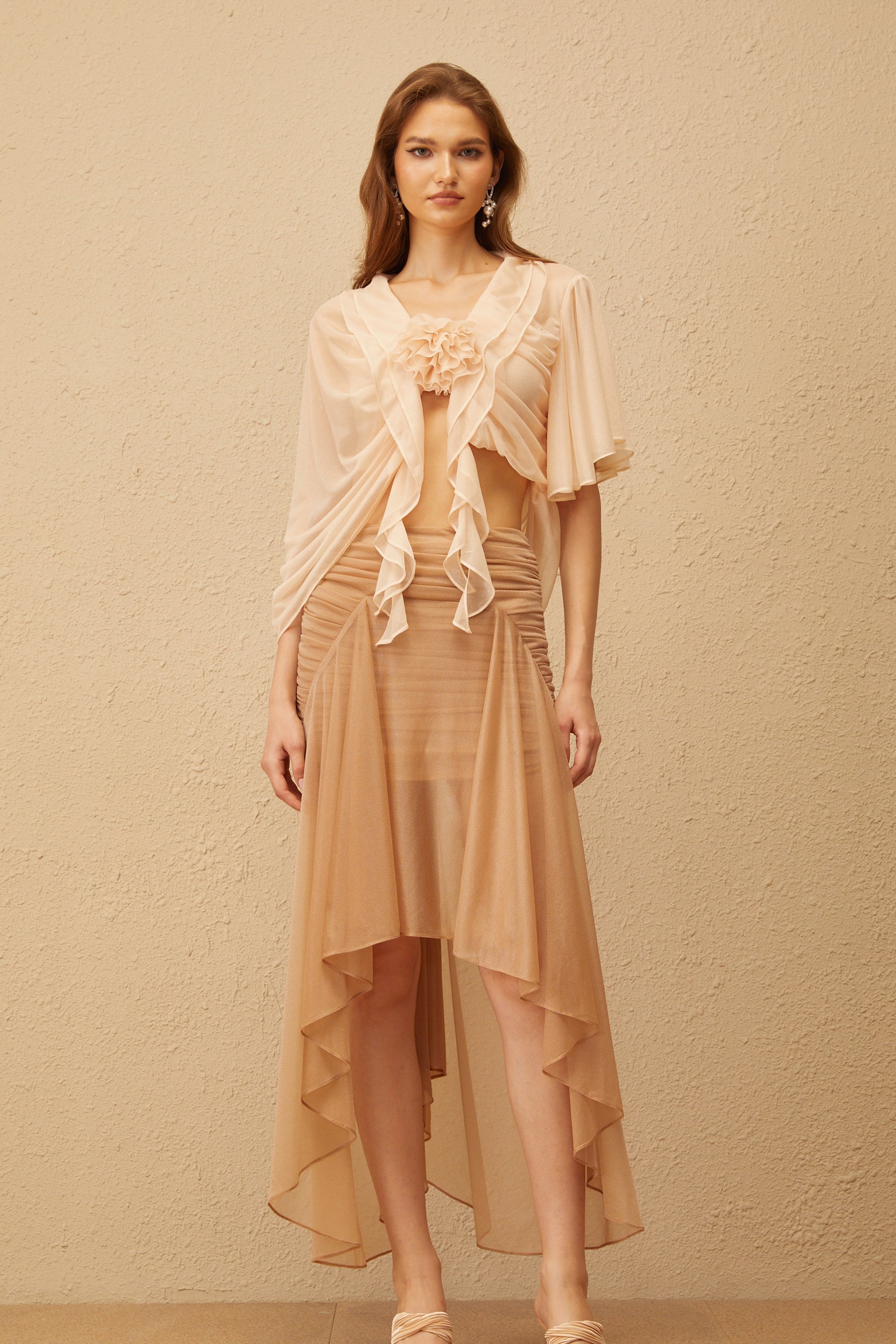 Zélie Neutral Ruched Ruffled Hem Midi Skirt