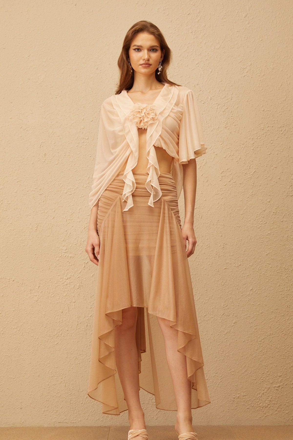 Zélie Neutral Ruched Ruffled Hem Midi Skirt