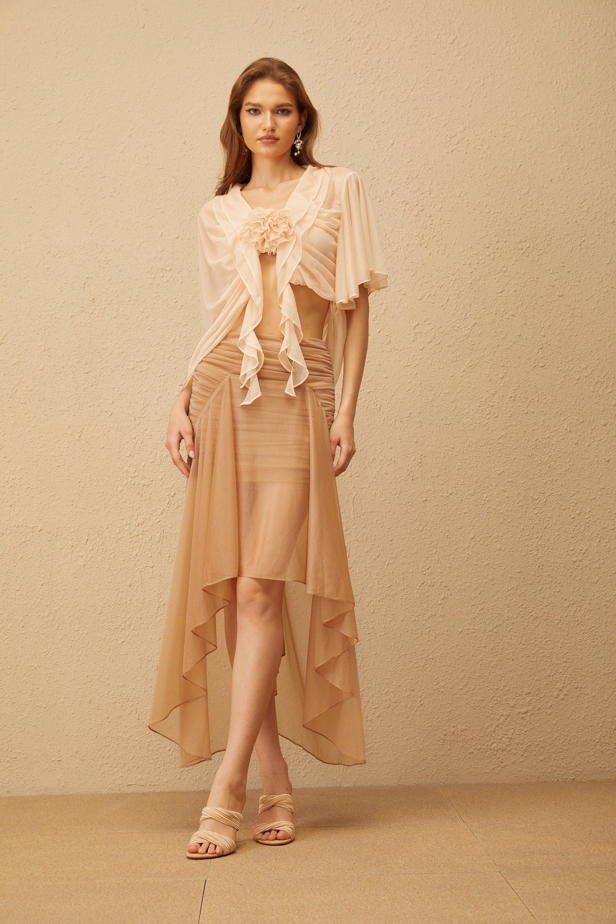 Zélie Neutral Ruched Ruffled Hem Midi Skirt