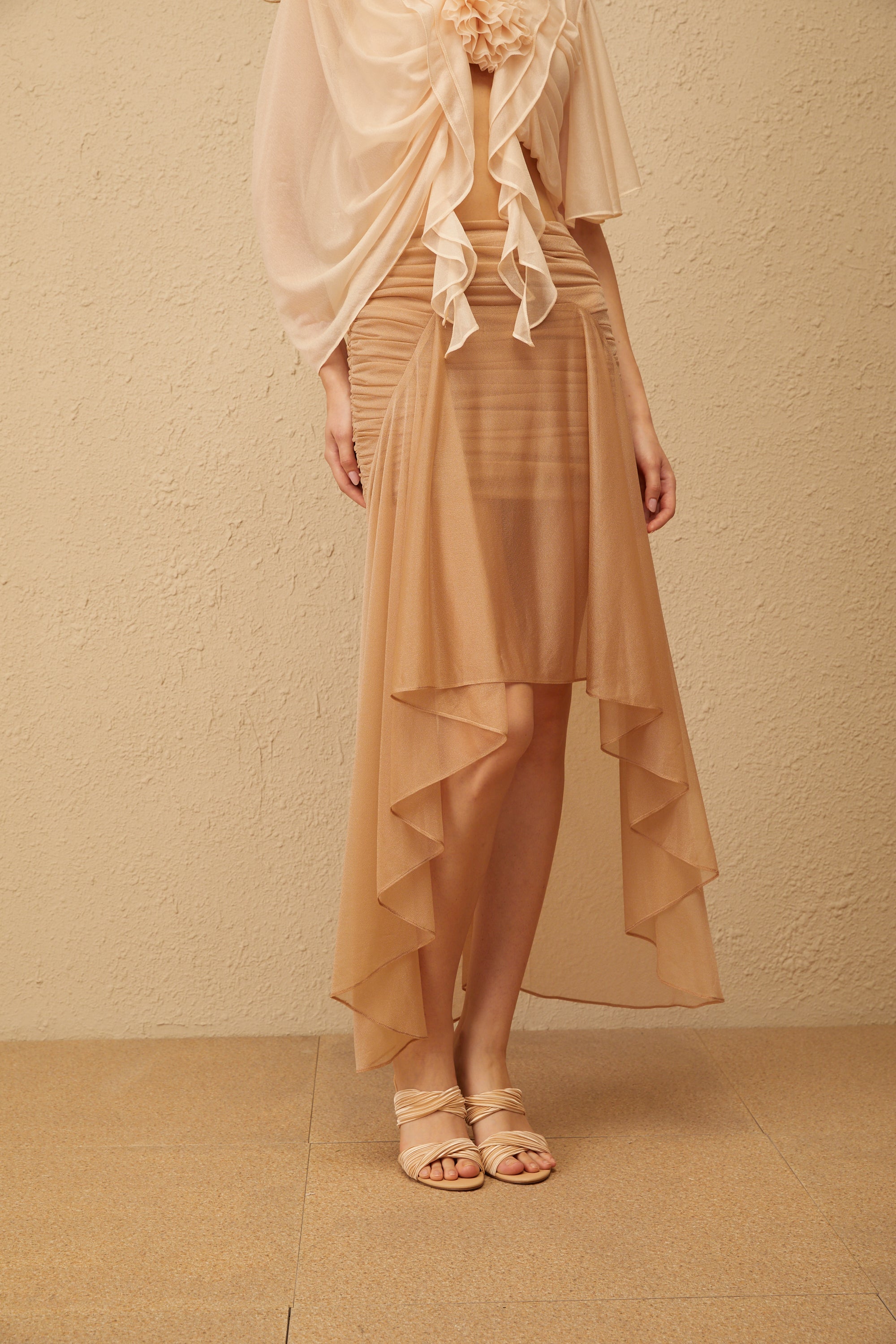 Zélie Neutral Ruched Ruffled Hem Midi Skirt