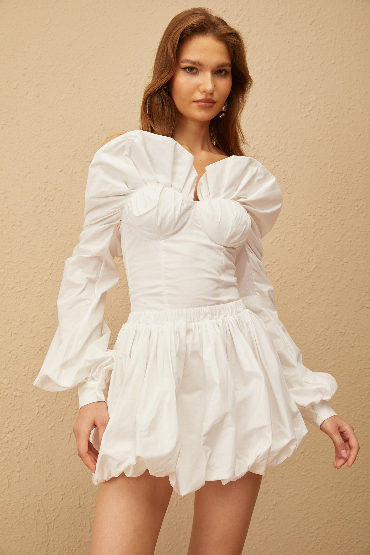Alicia White Ruched Blouse & Skirt Set