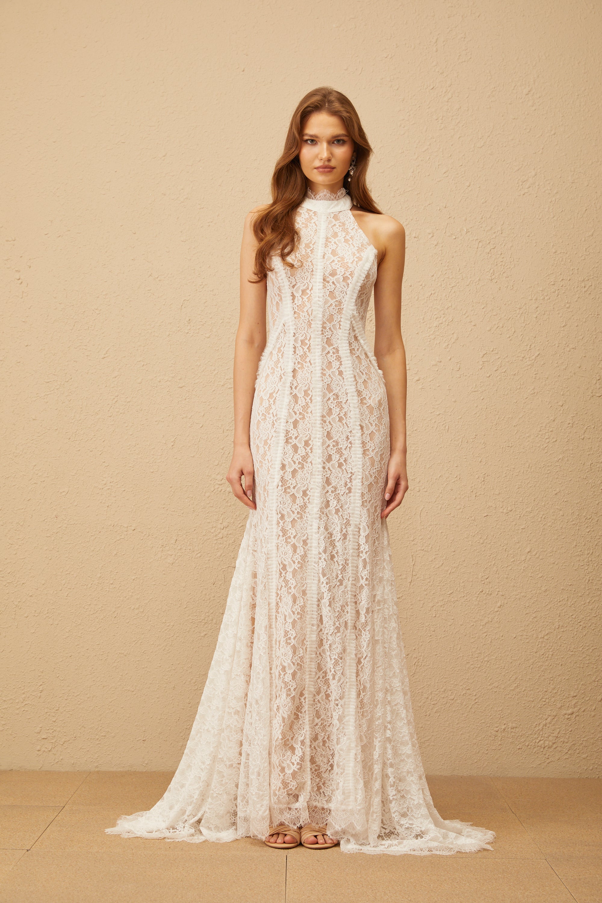 Gaëlle White Train Design Lace Maxi Dress