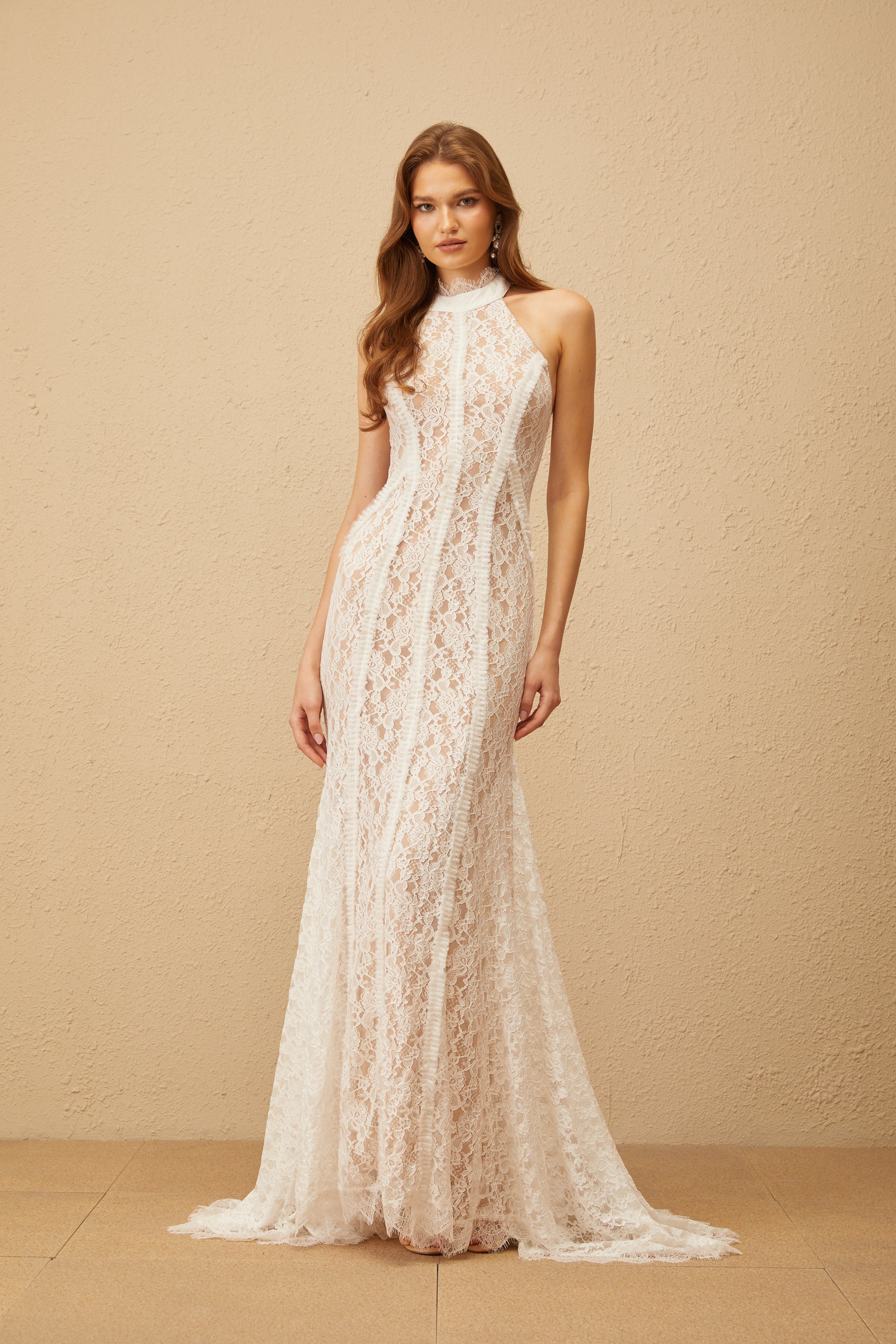 Gaëlle White Train Design Lace Maxi Dress