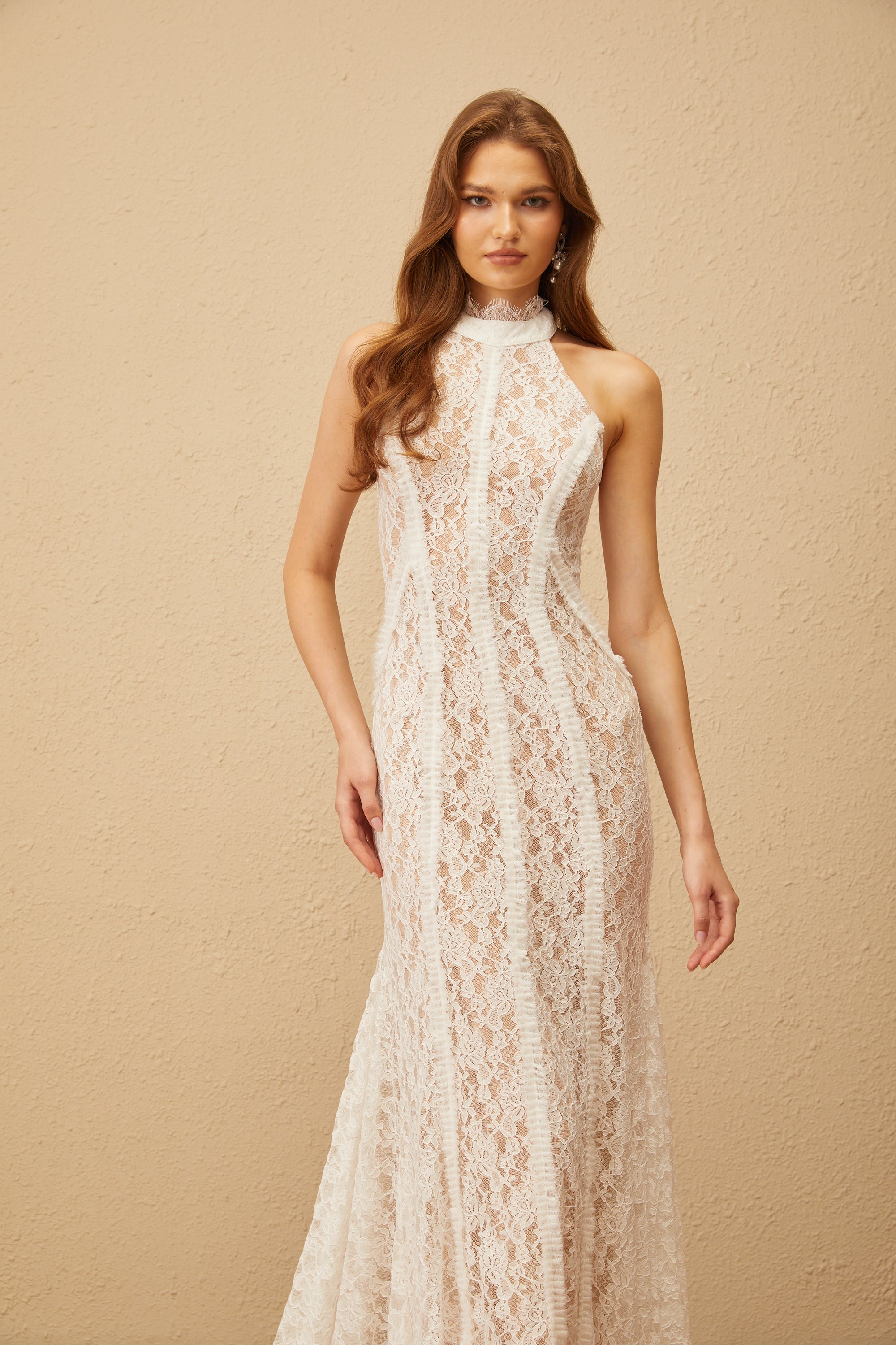 Gaëlle White Train Design Lace Maxi Dress