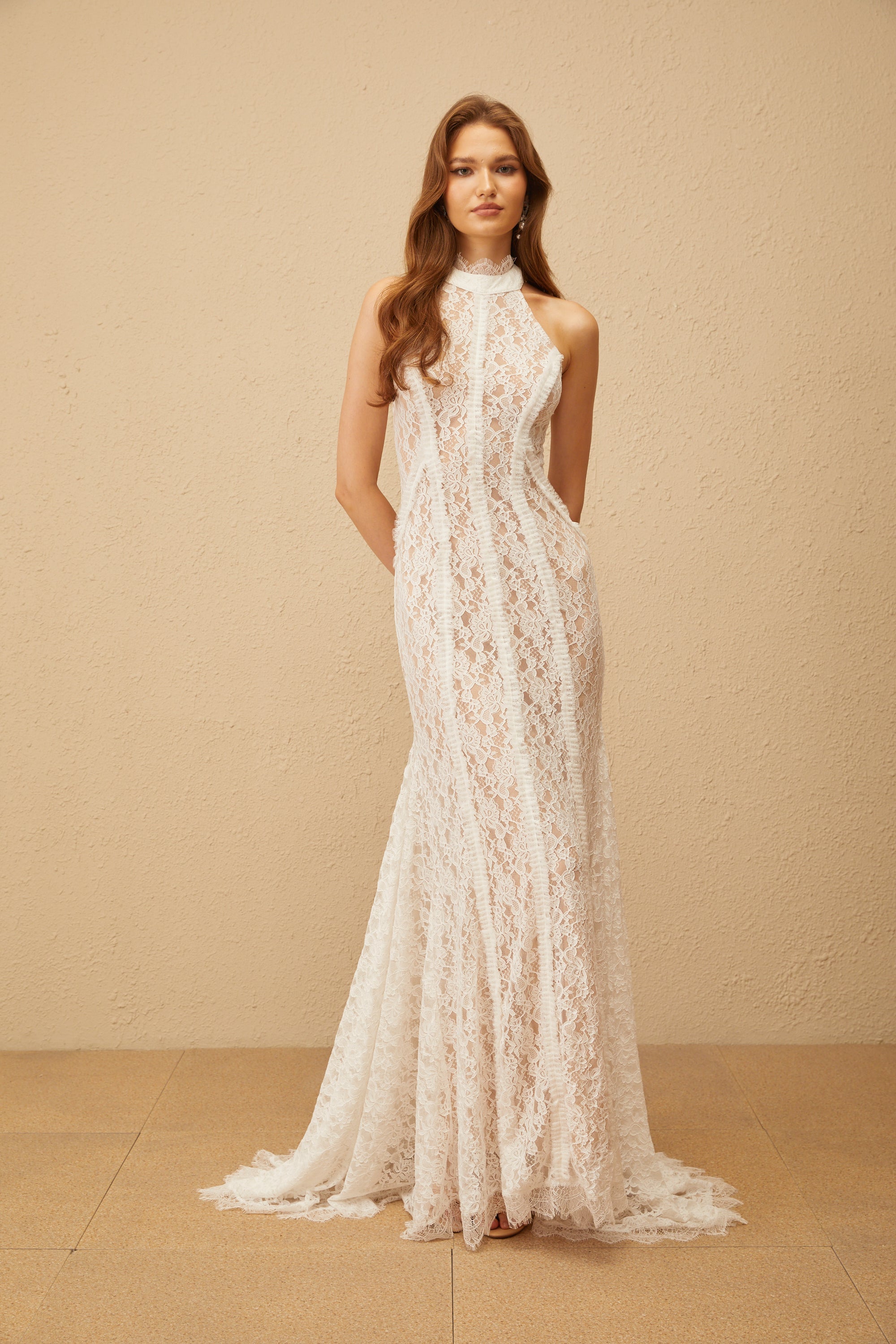 Gaëlle White Train Design Lace Maxi Dress