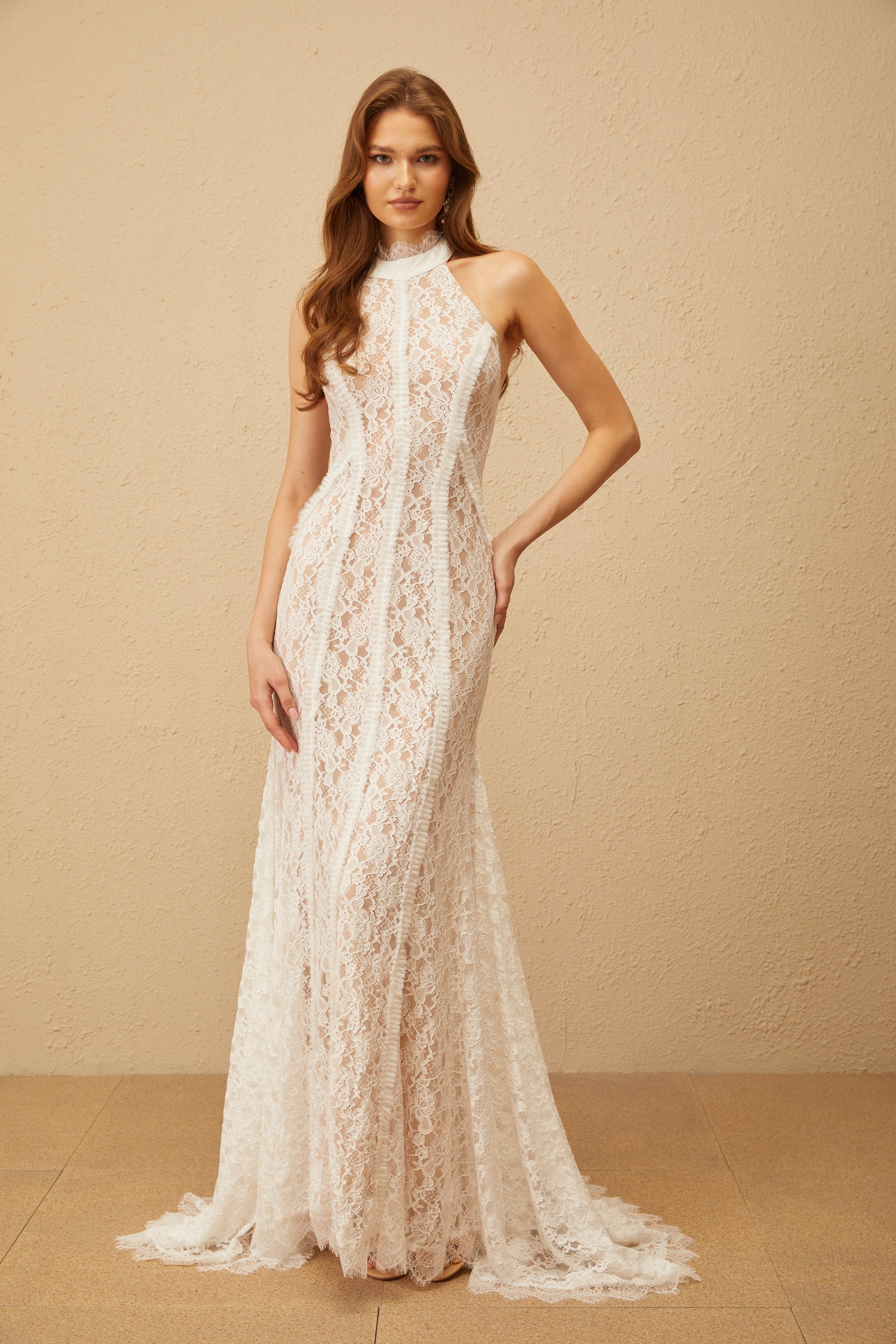 Gaëlle White Train Design Lace Maxi Dress