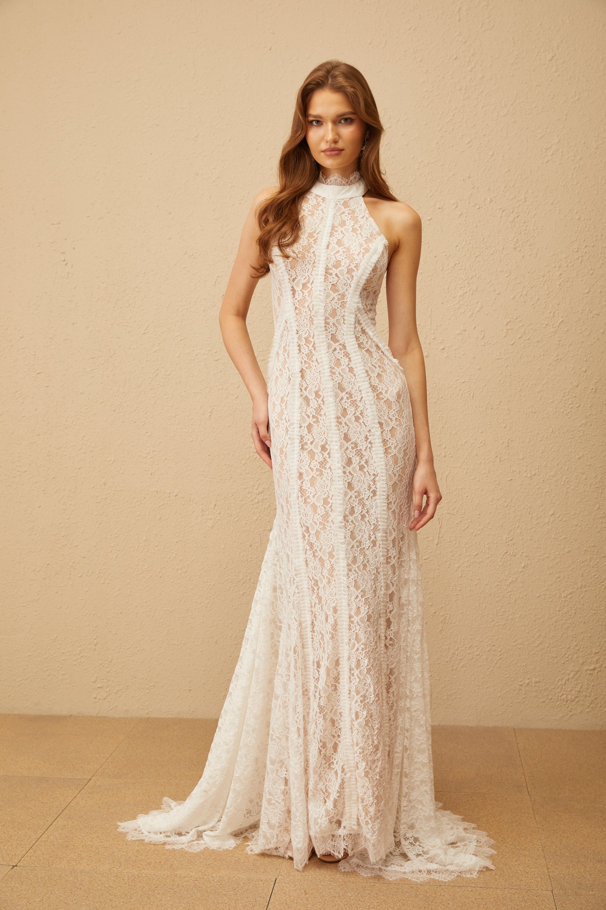 Gaëlle White Train Design Lace Maxi Dress