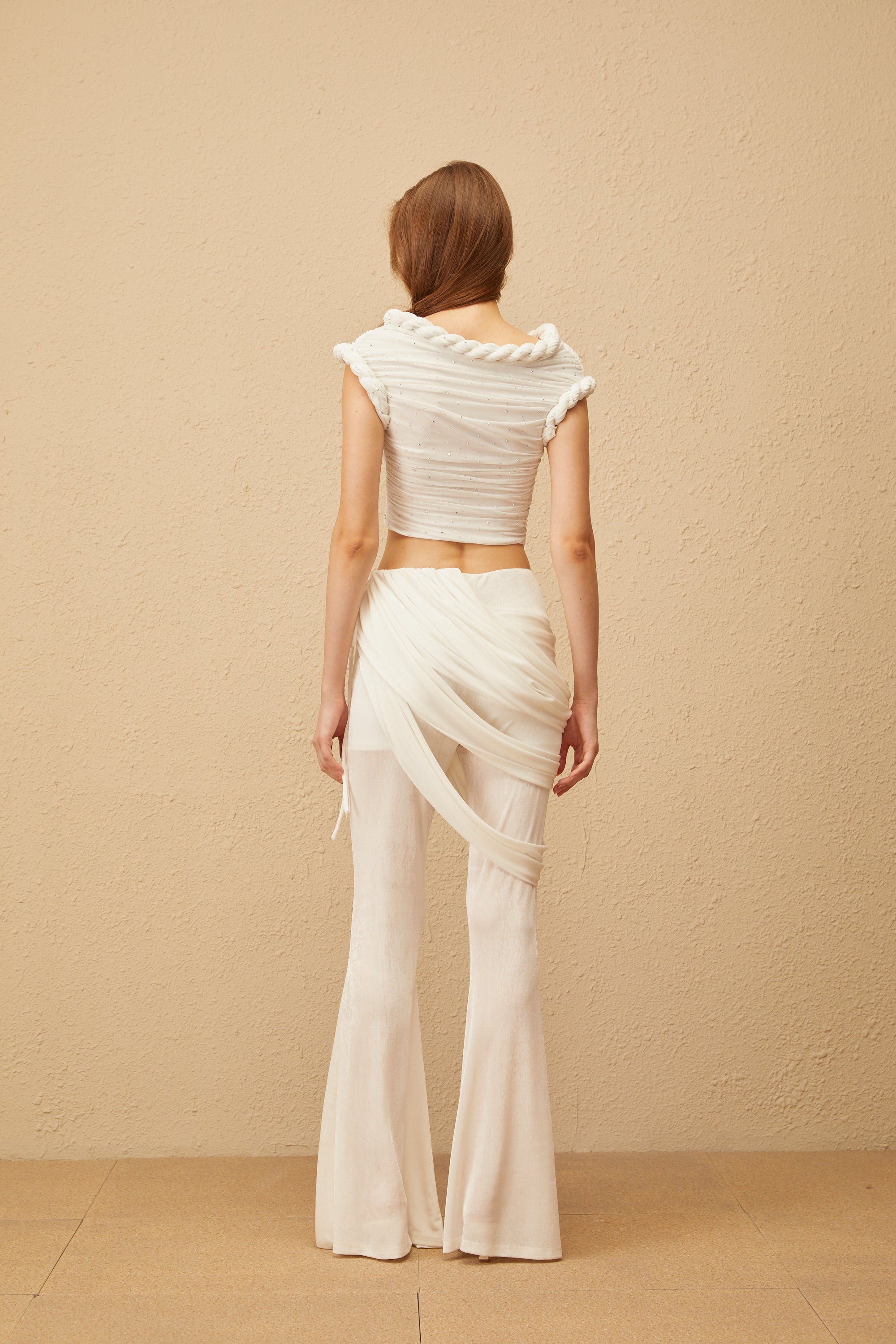 Lisette White Rhinestone Braided Ruched Top & Trousers Set