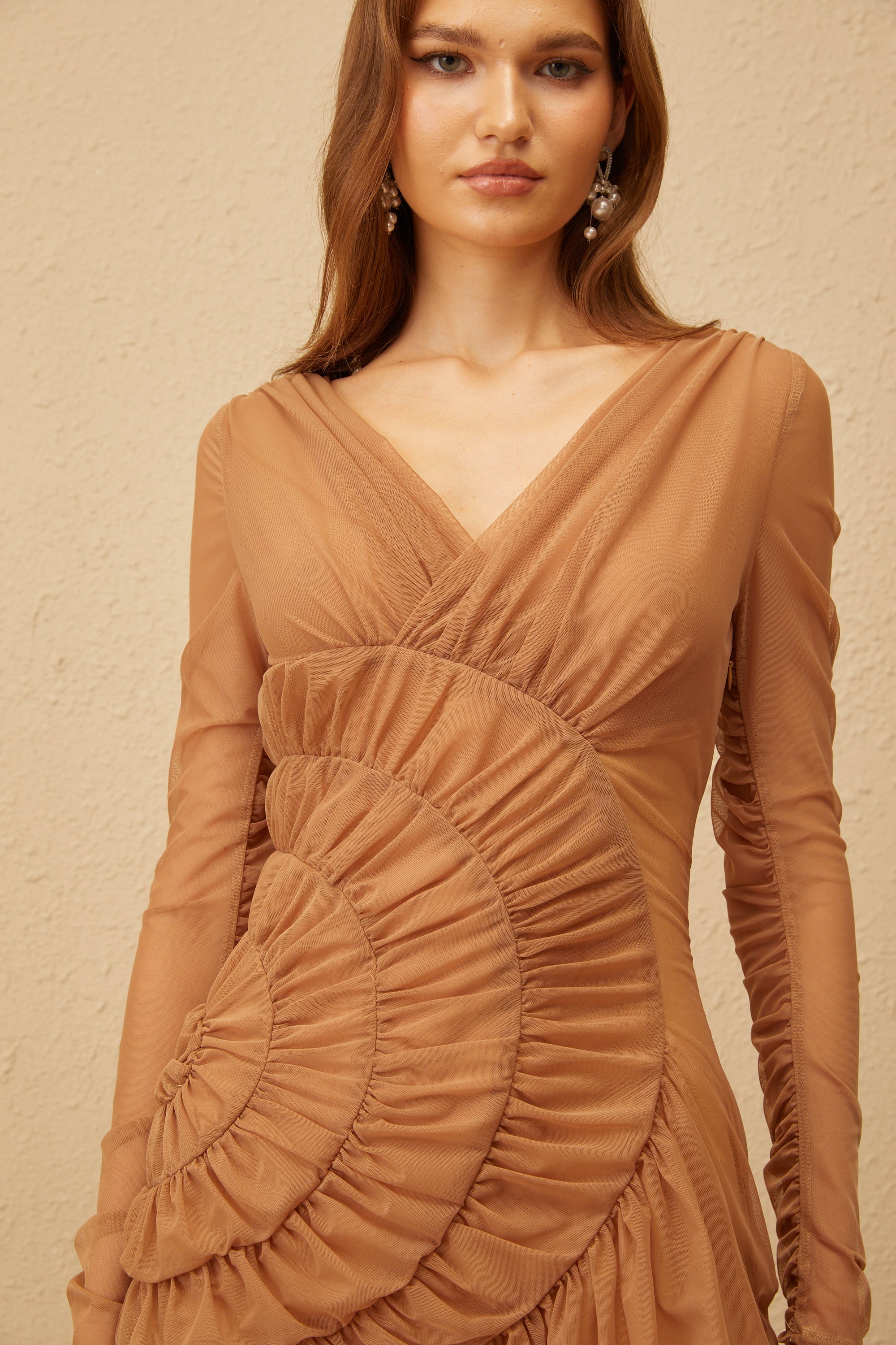 Claudia Brown Ruched Tulle Mini Dress