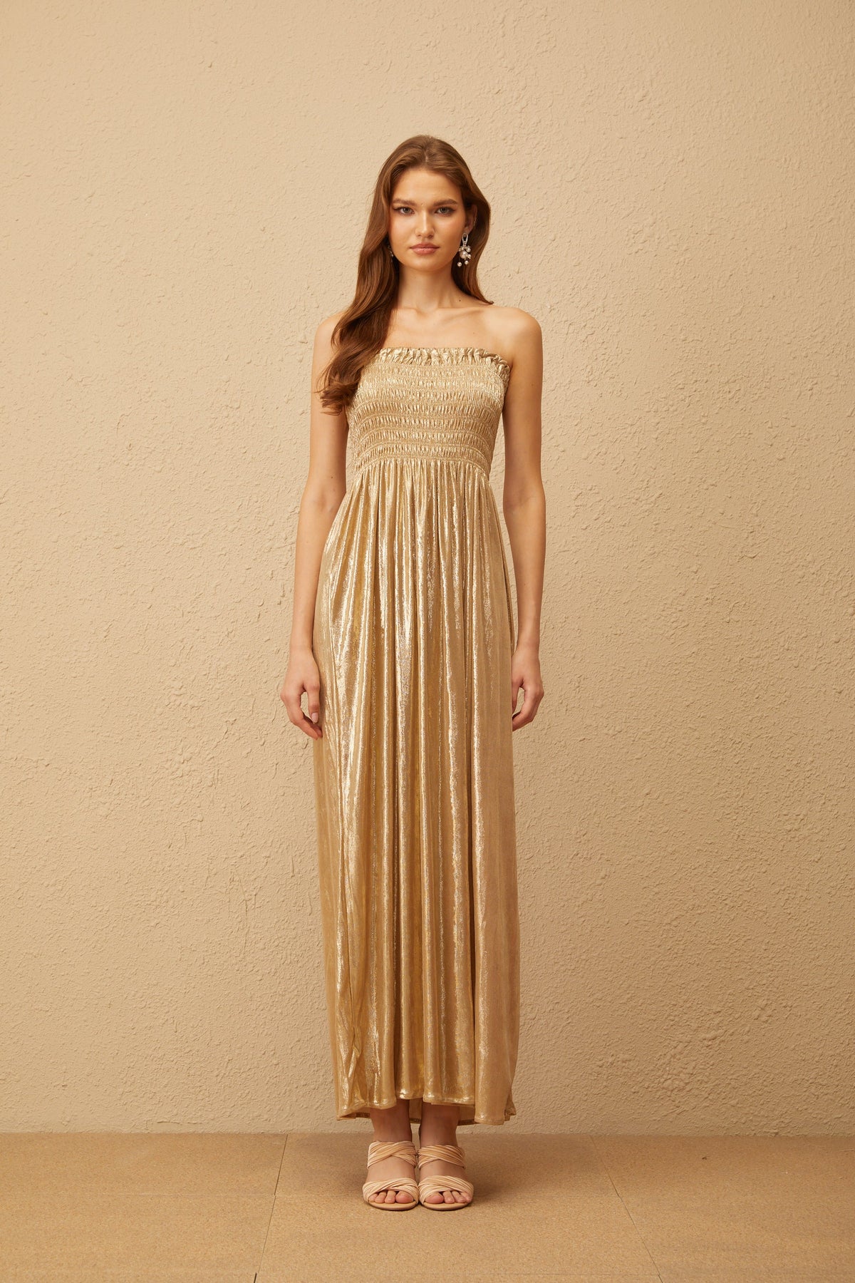 Tiphaine Gold Glossy Smocked Panel Midi Dress (Final Sale)